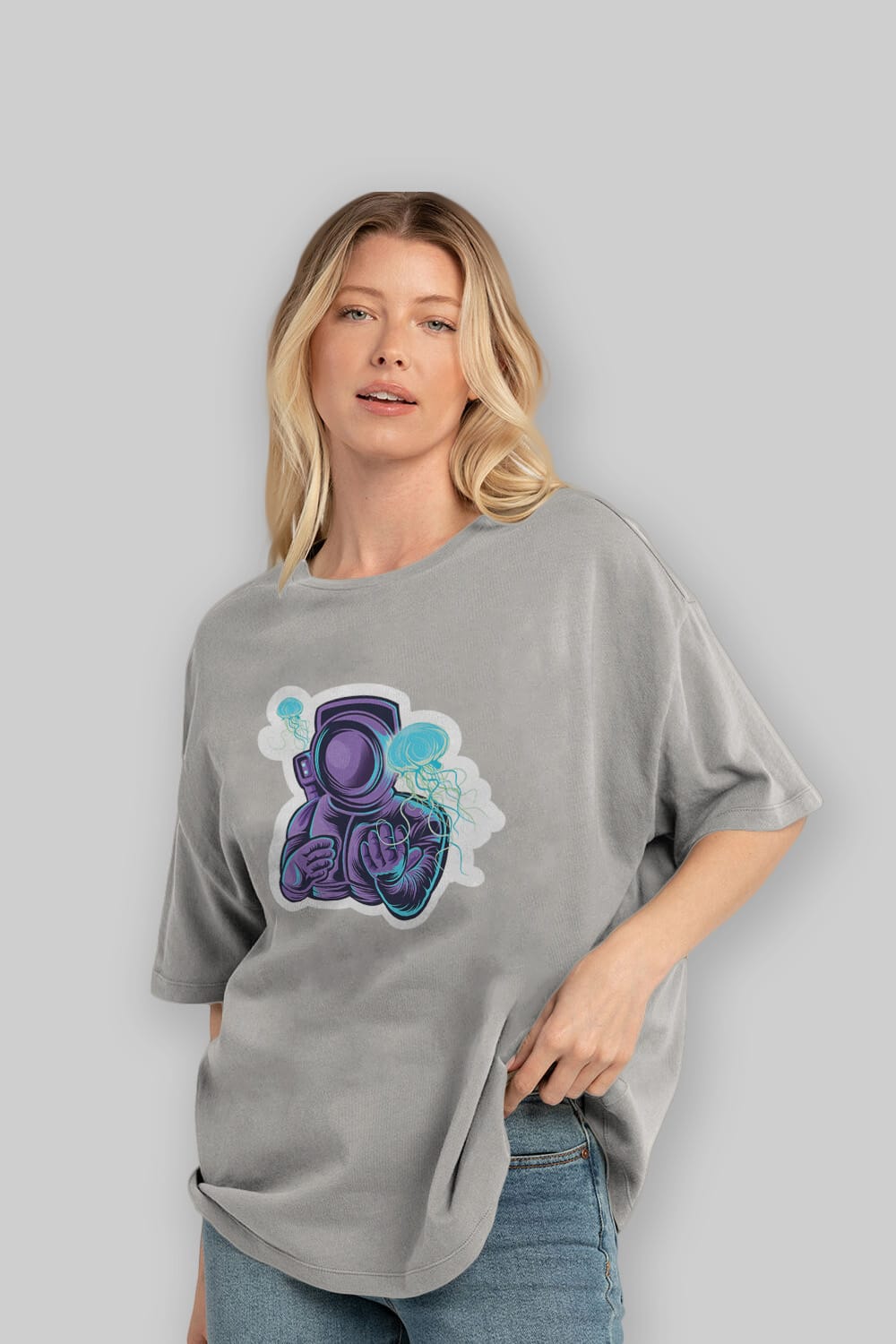 Astronaut and Jellyfish Sticker Ön Baskılı Oversize t-shirt Erkek Kadın Unisex