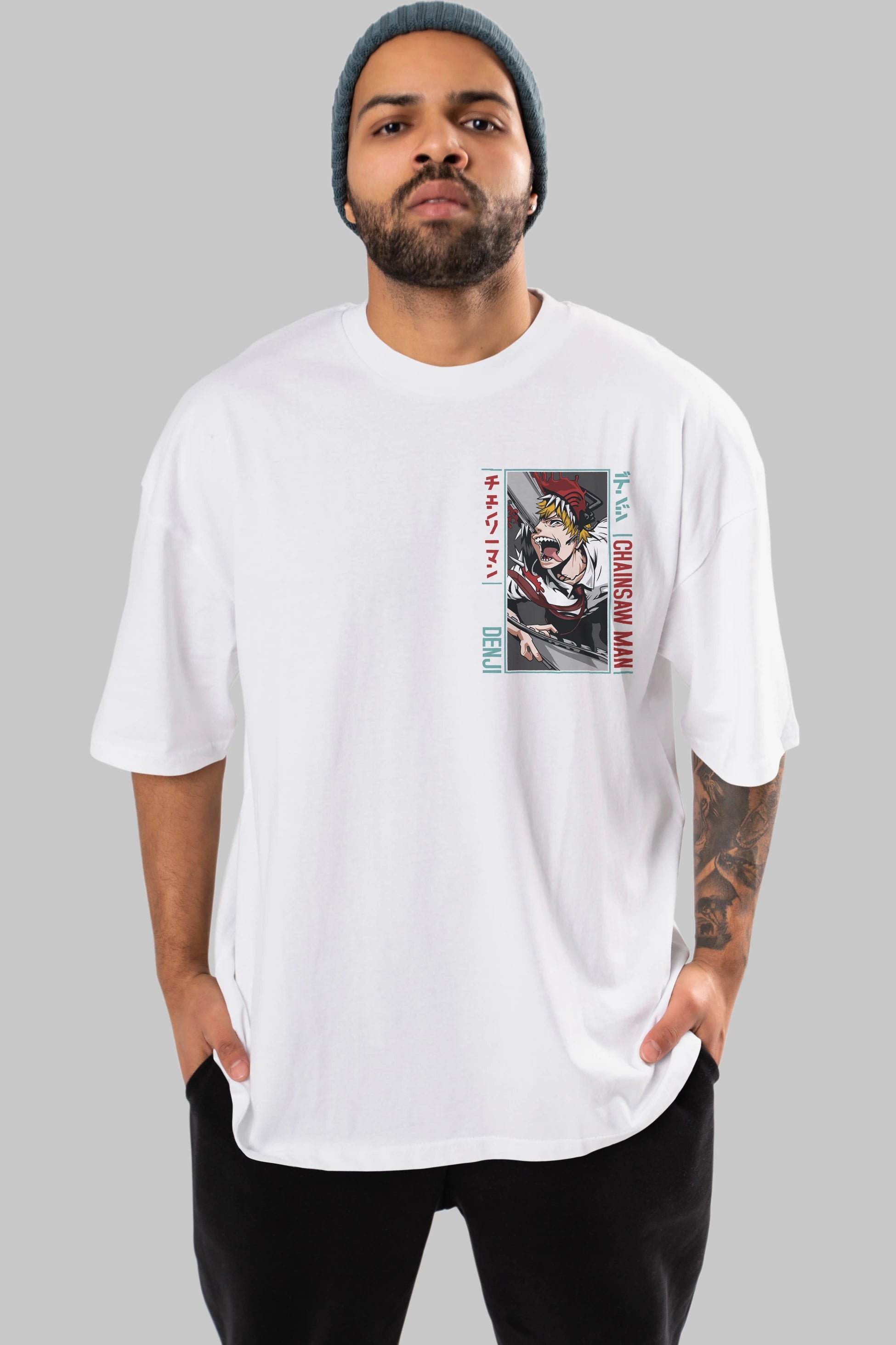 Denji Chainsaw Man Ön Sol Baskılı Oversize t-shirt Erkek Kadın Unisex %100 Pamuk Bisiklet Yaka tişort