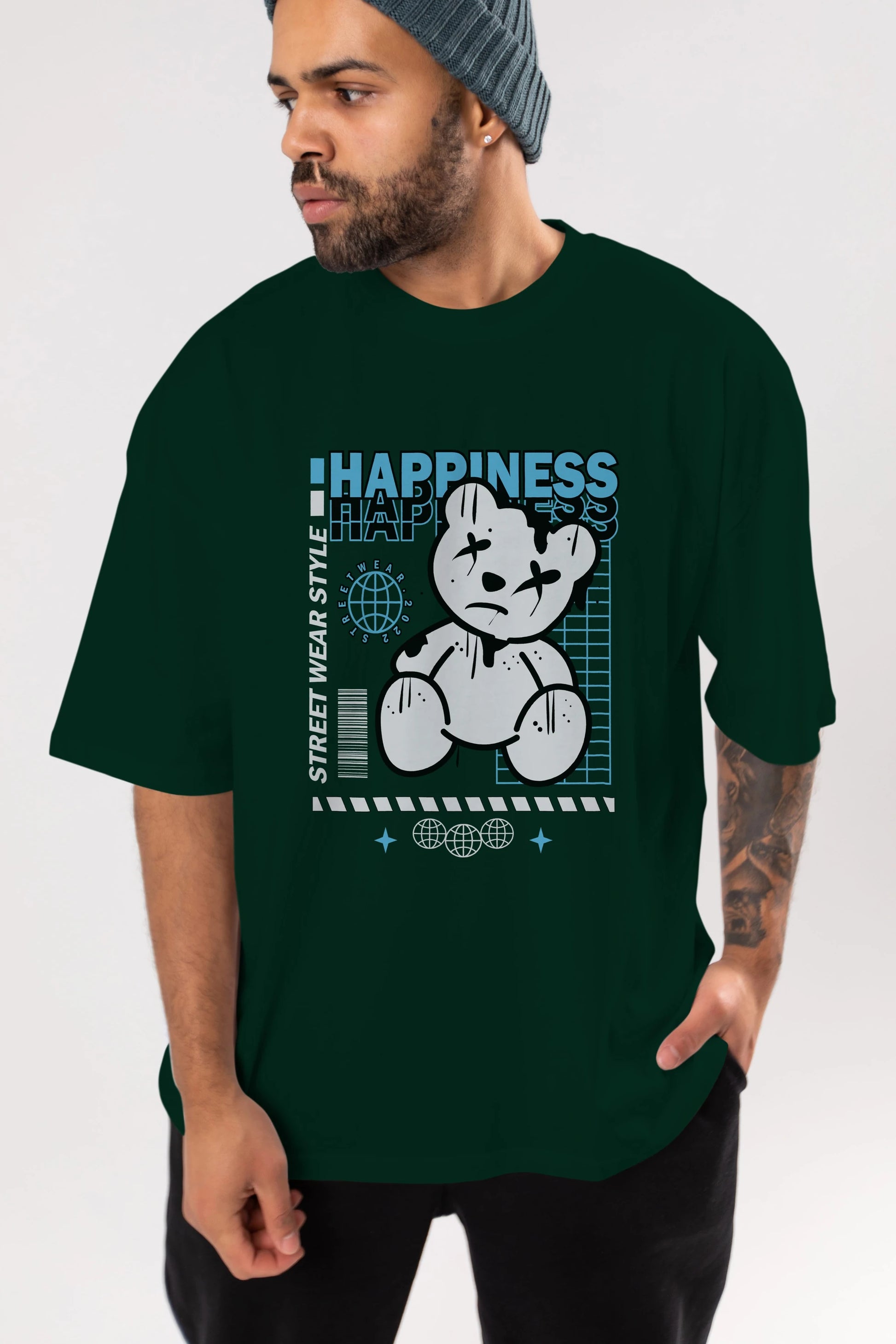 Happiness Bear 2 Ön Baskılı Oversize t-shirt Erkek Kadın Unisex