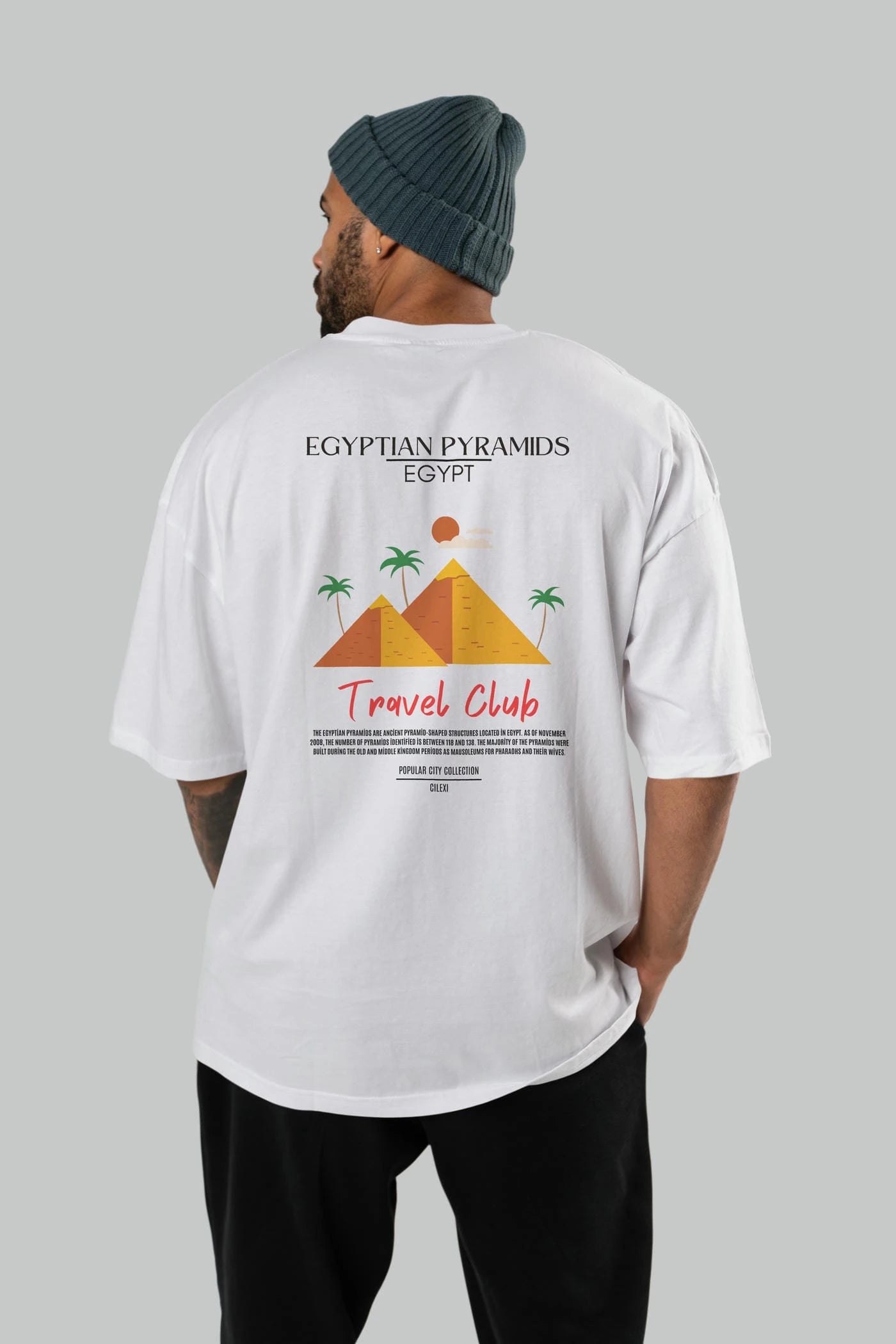 Egyptian Pyramids Egypt Arka Baskılı Oversize t-shirt Erkek Kadın Pamuk Bisiklet Yaka tişort