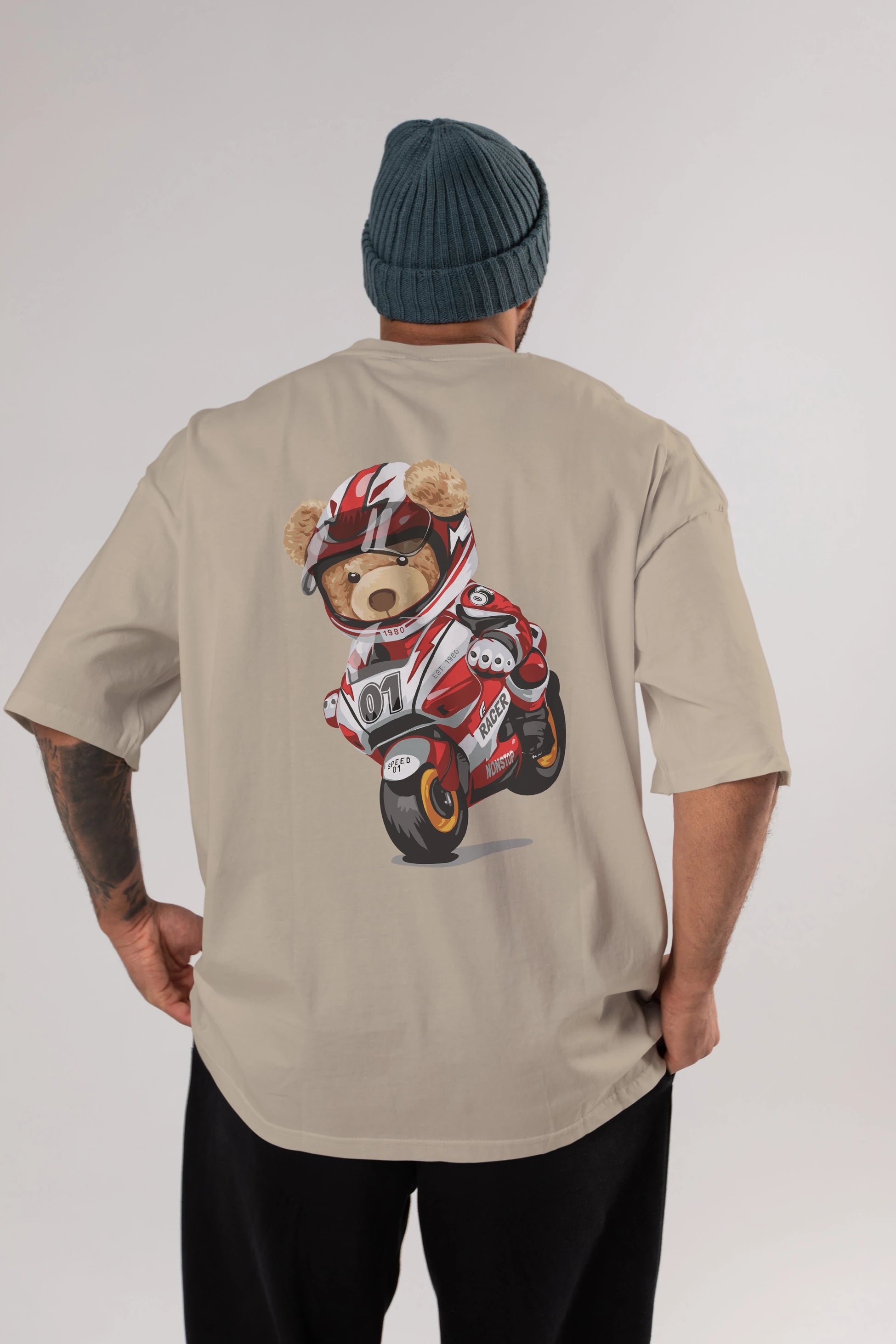 Teddy Bear Racer Arka Baskılı Oversize t-shirt Erkek Kadın Unisex %100 Pamuk