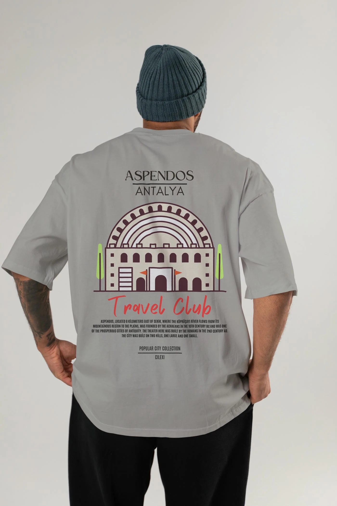 Aspendos Antalya Arka Baskılı Oversize t-shirt Erkek Kadın Pamuk Bisiklet Yaka tişort