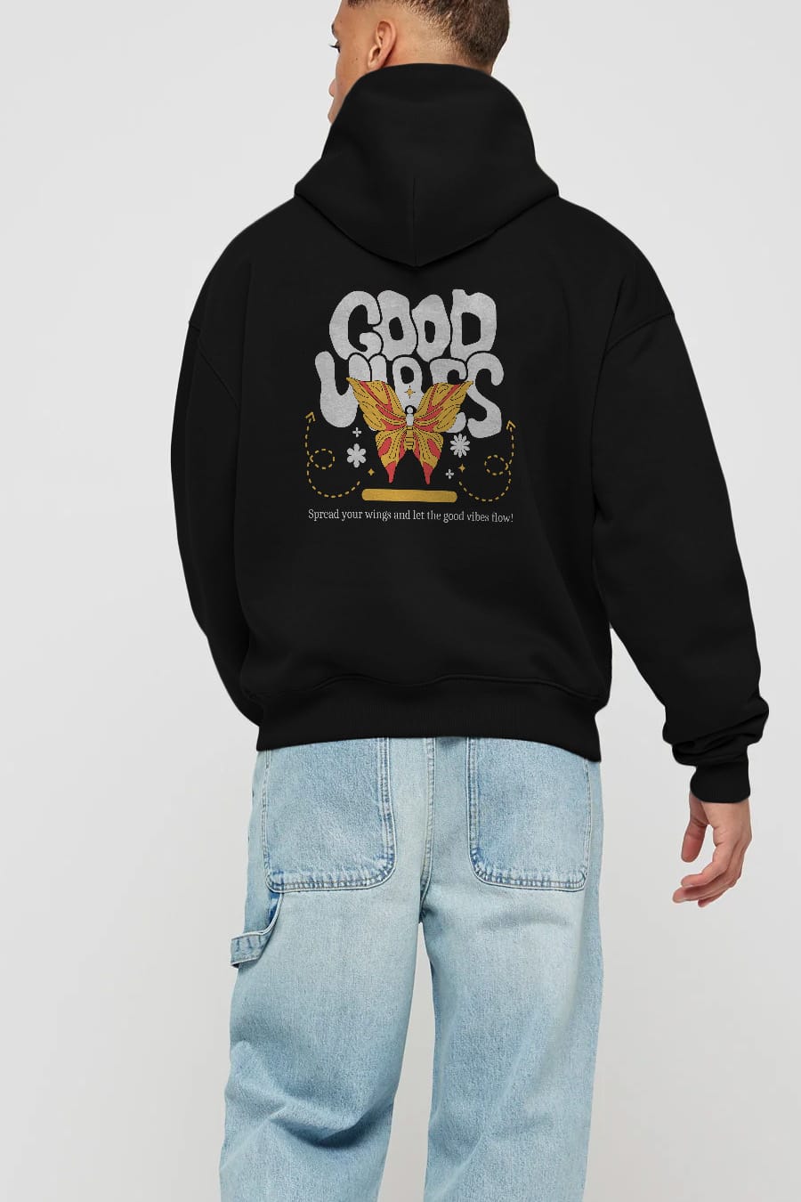 Good Vibes Yazılı 4 Arka Baskılı Oversize Hoodie Kapüşonlu Sweatshirt Erkek Kadın Unisex