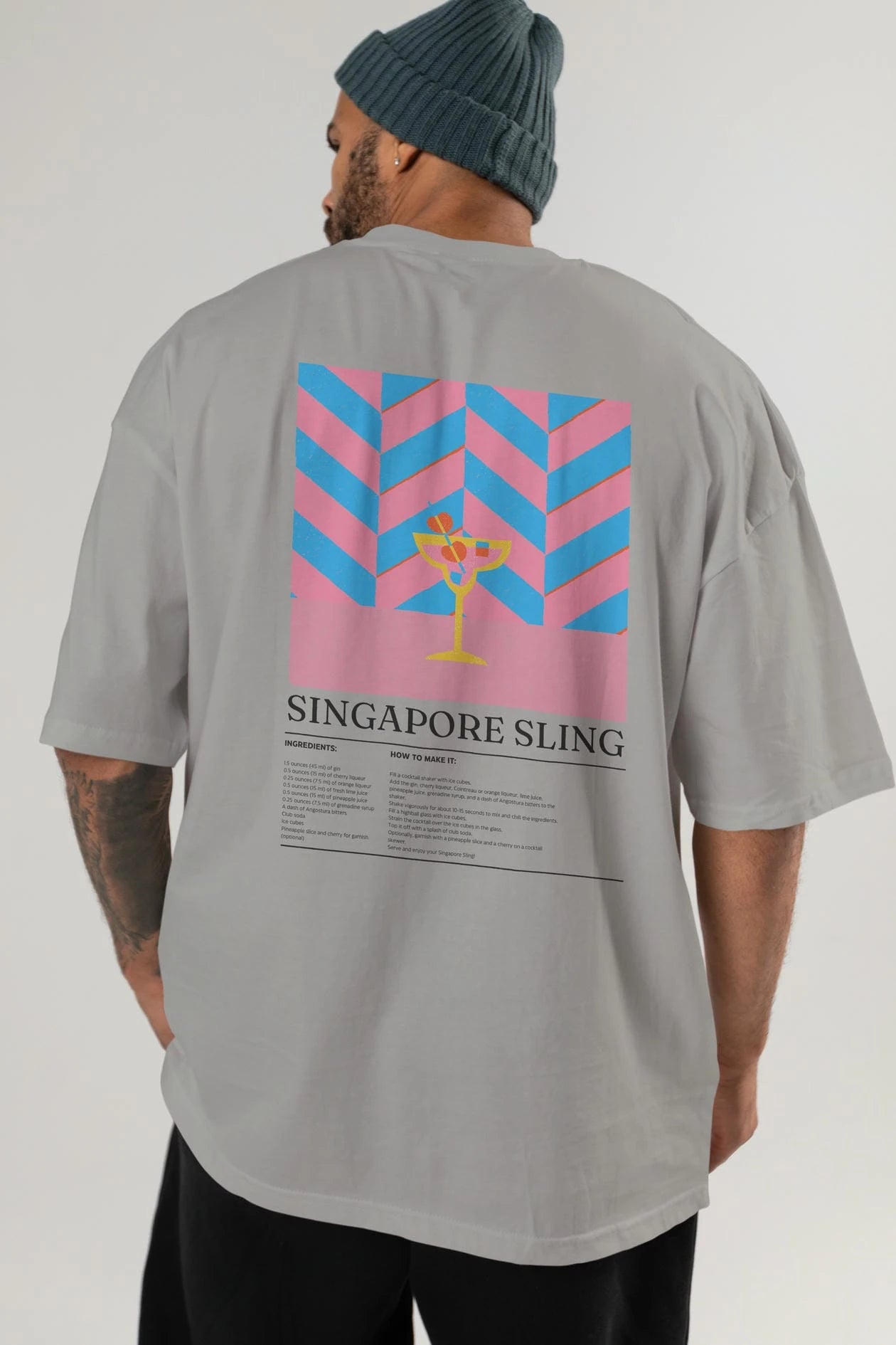 Singapore Sling Kokteyl Serisi Arka Baskılı Oversize t-shirt Erkek Kadın %100 Pamuk Bisiklet Yaka tişort