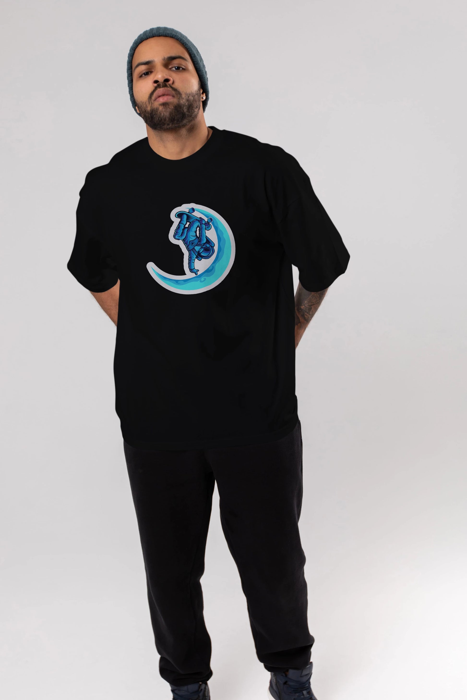Skating on the moon sticker Ön Baskılı Oversize t-shirt Erkek Kadın Unisex