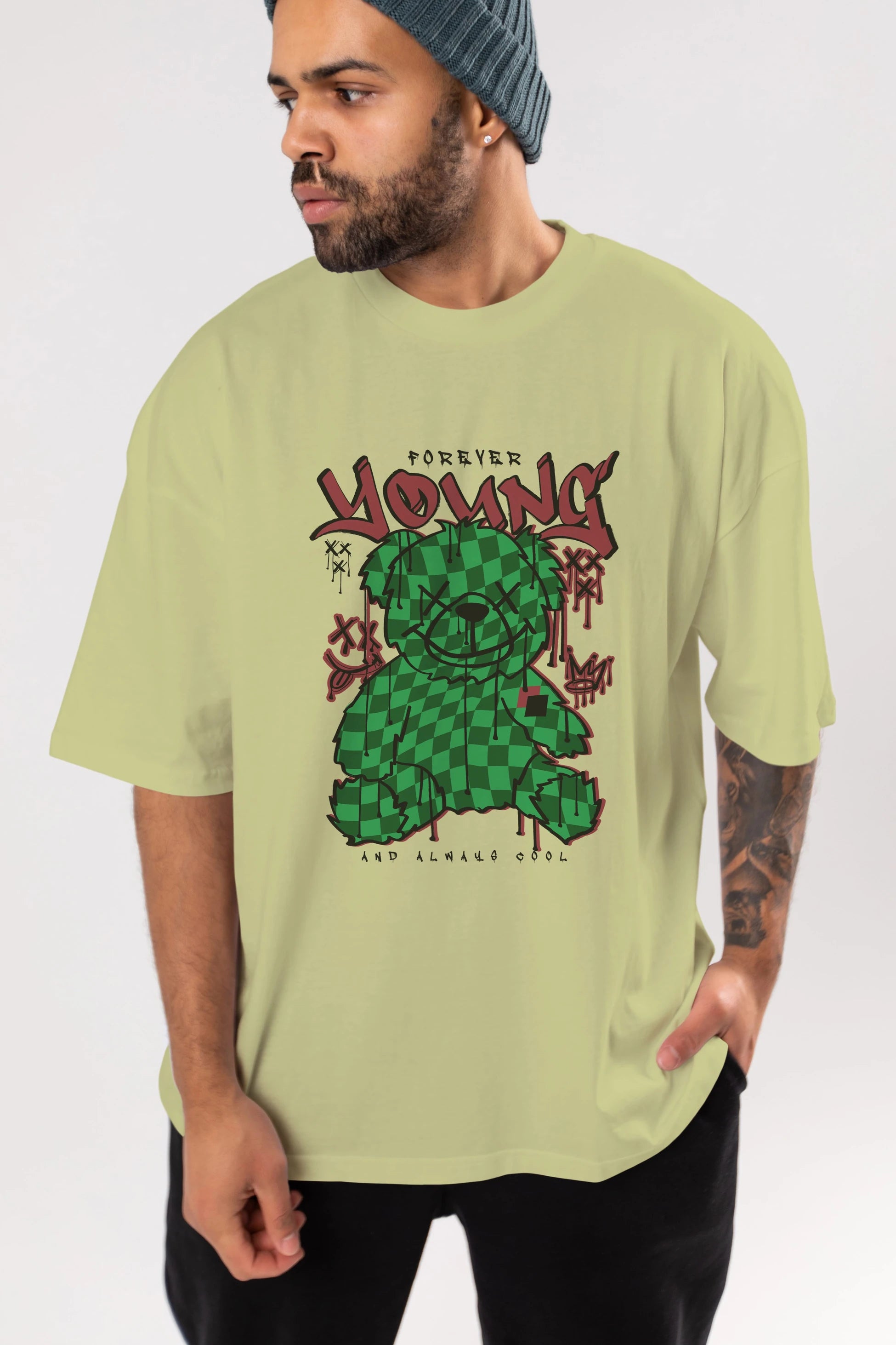 Young and Always Cool Bear Ön Baskılı Oversize t-shirt Erkek Kadın Unisex