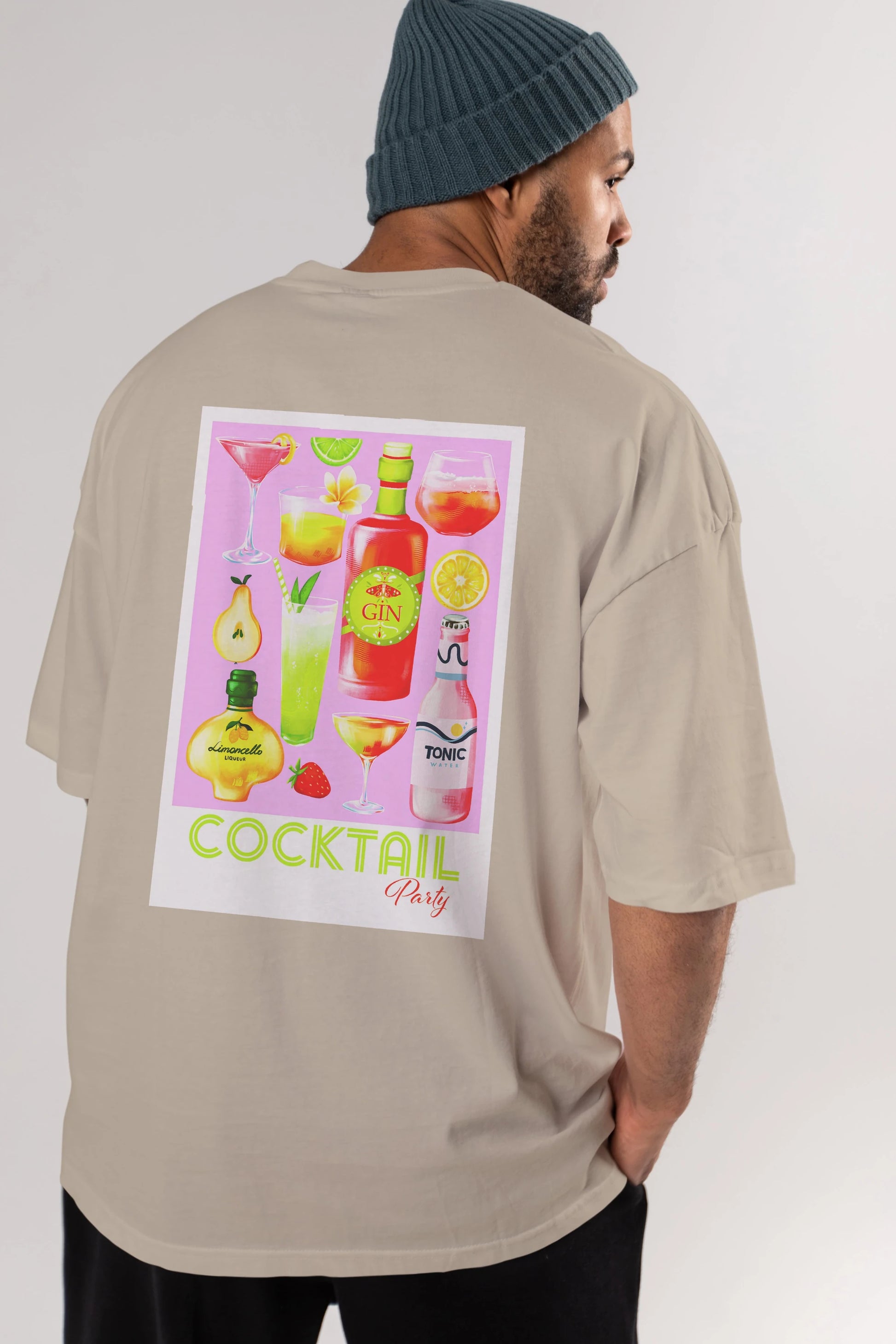 Cocktail Party Arka Baskılı Oversize t-shirt Erkek Kadın Unisex %100 Pamuk Bisiklet Yaka tişort