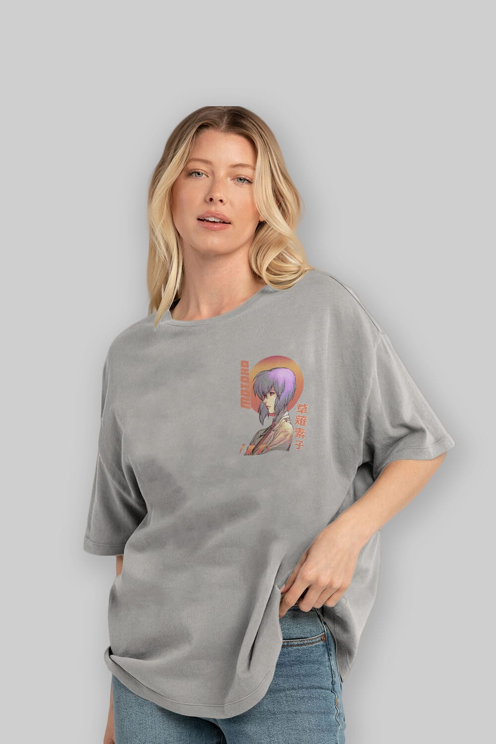 Motoko Kusanagi 10 Ön Sol Baskılı Oversize t-shirt Erkek Kadın Unisex %100 Pamuk Bisiklet Yaka tişort