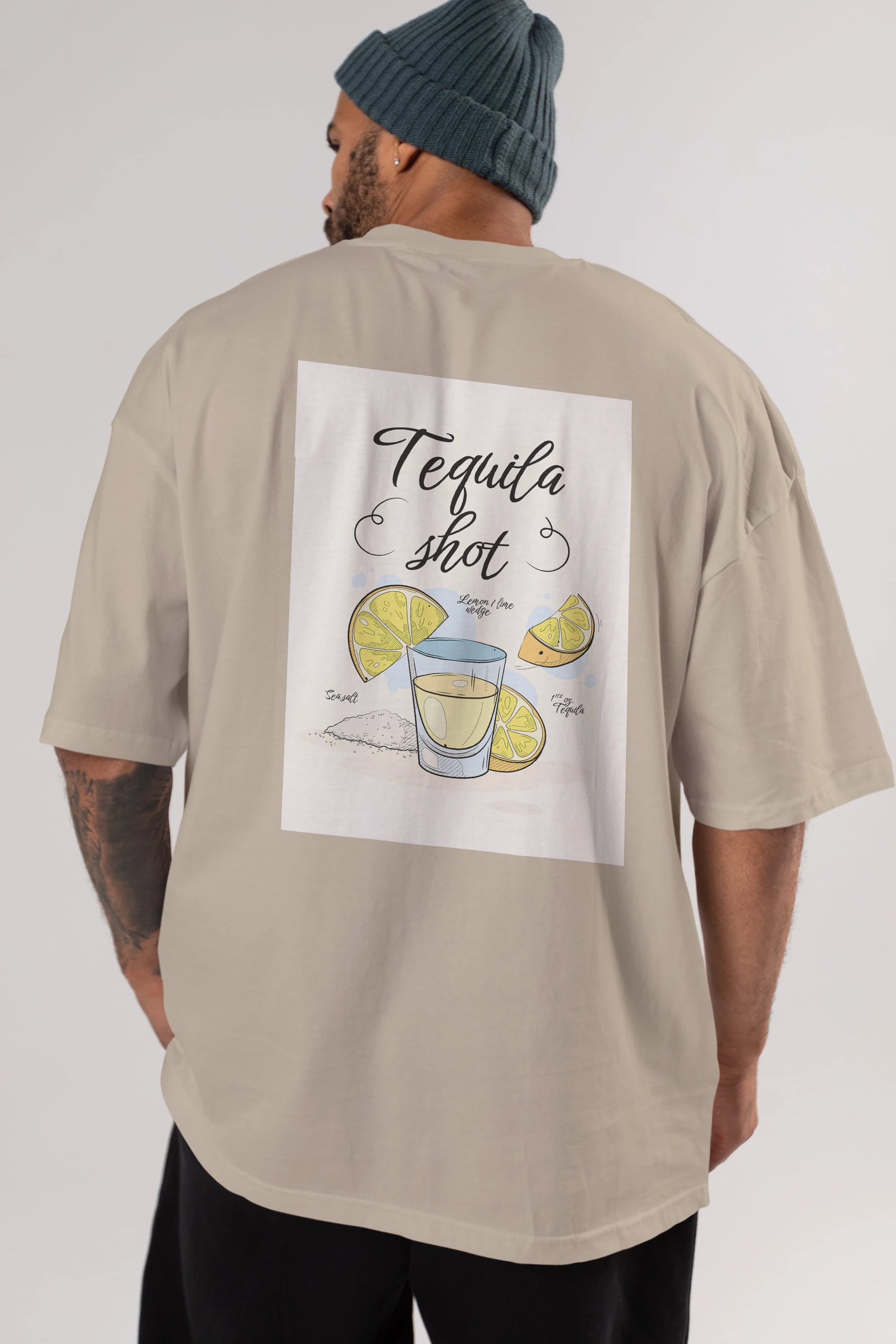 Tequila Shot Arka Baskılı Oversize t-shirt Erkek Kadın Unisex %100 Pamuk Bisiklet Yaka tişort