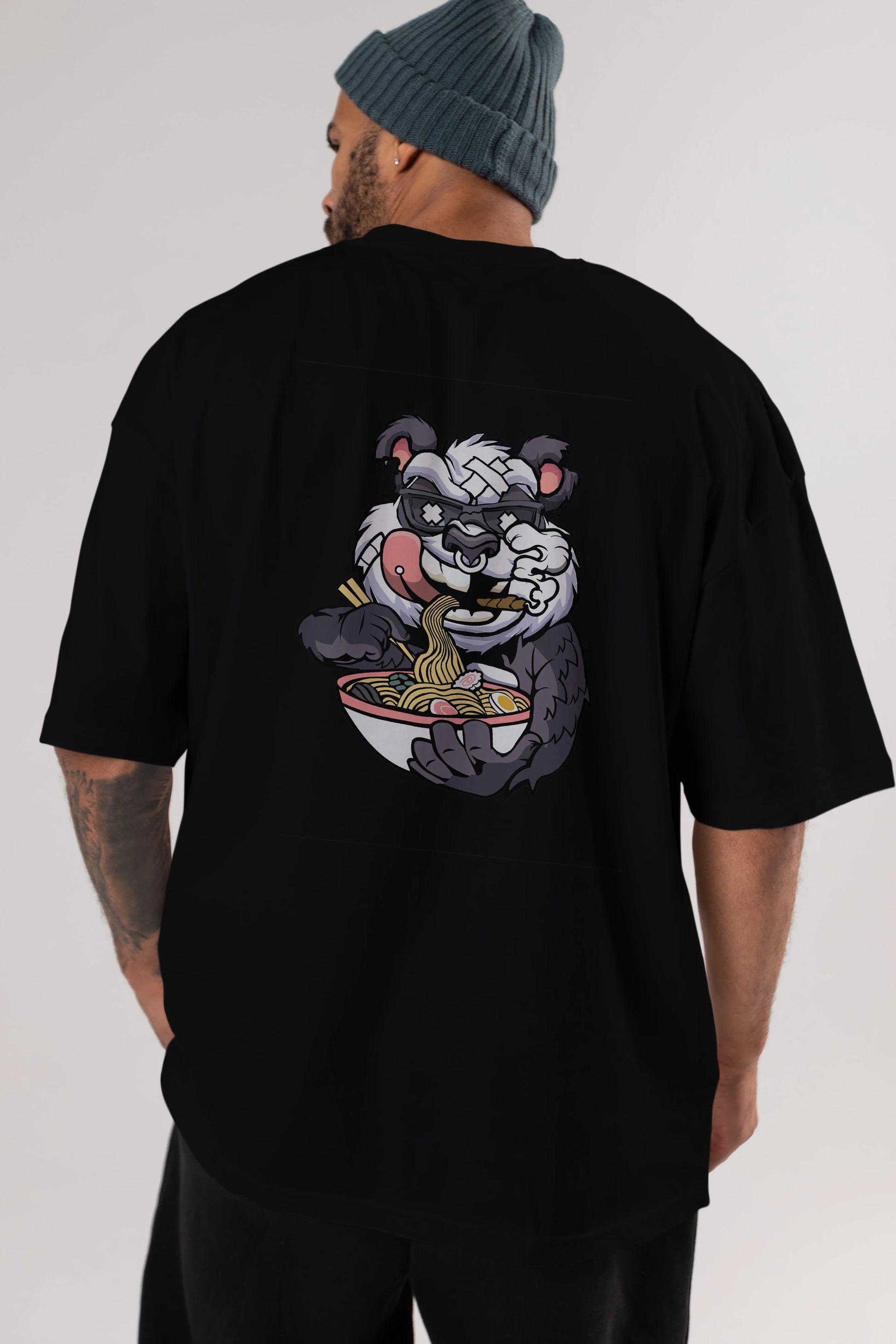 Panda Ramen Arka Baskılı Oversize t-shirt Erkek Kadın Unisex %100 Pamuk tişort