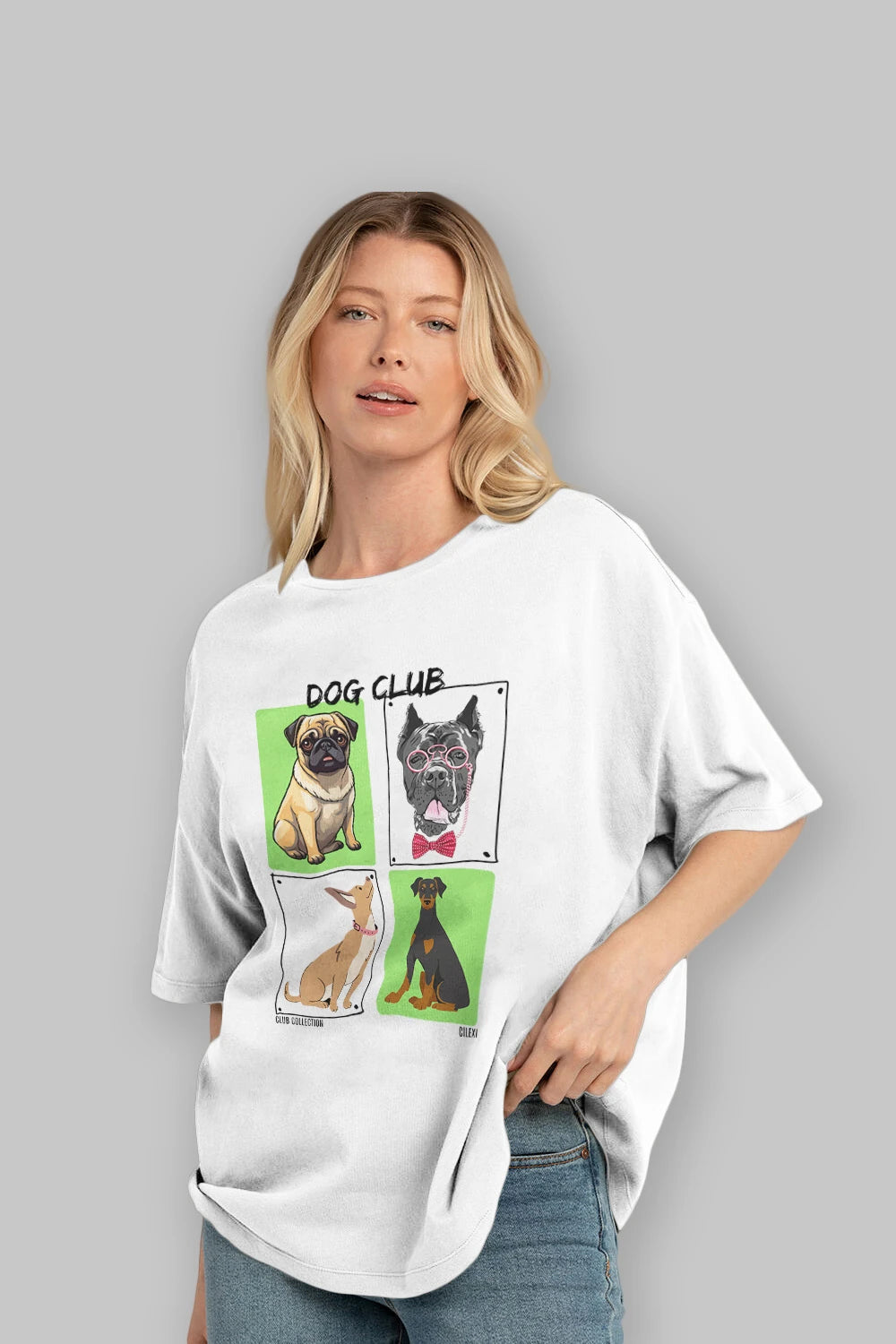 Dog Club ön Baskılı Oversize t-shirt Erkek Kadın %100 Pamuk Bisiklet Yaka tişort