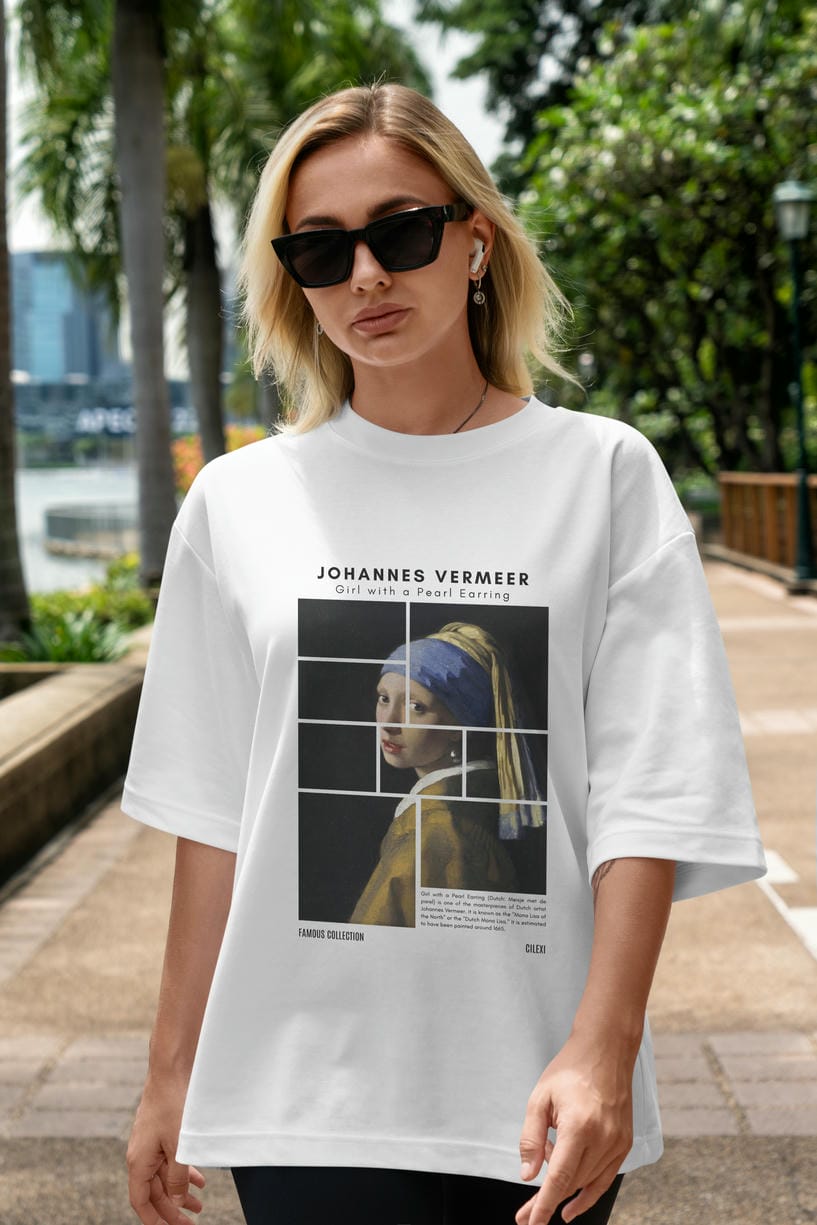 Johannes Vermeer ön Baskılı Oversize t-shirt Erkek Kadın Bisiklet Yaka Pamuk tişort
