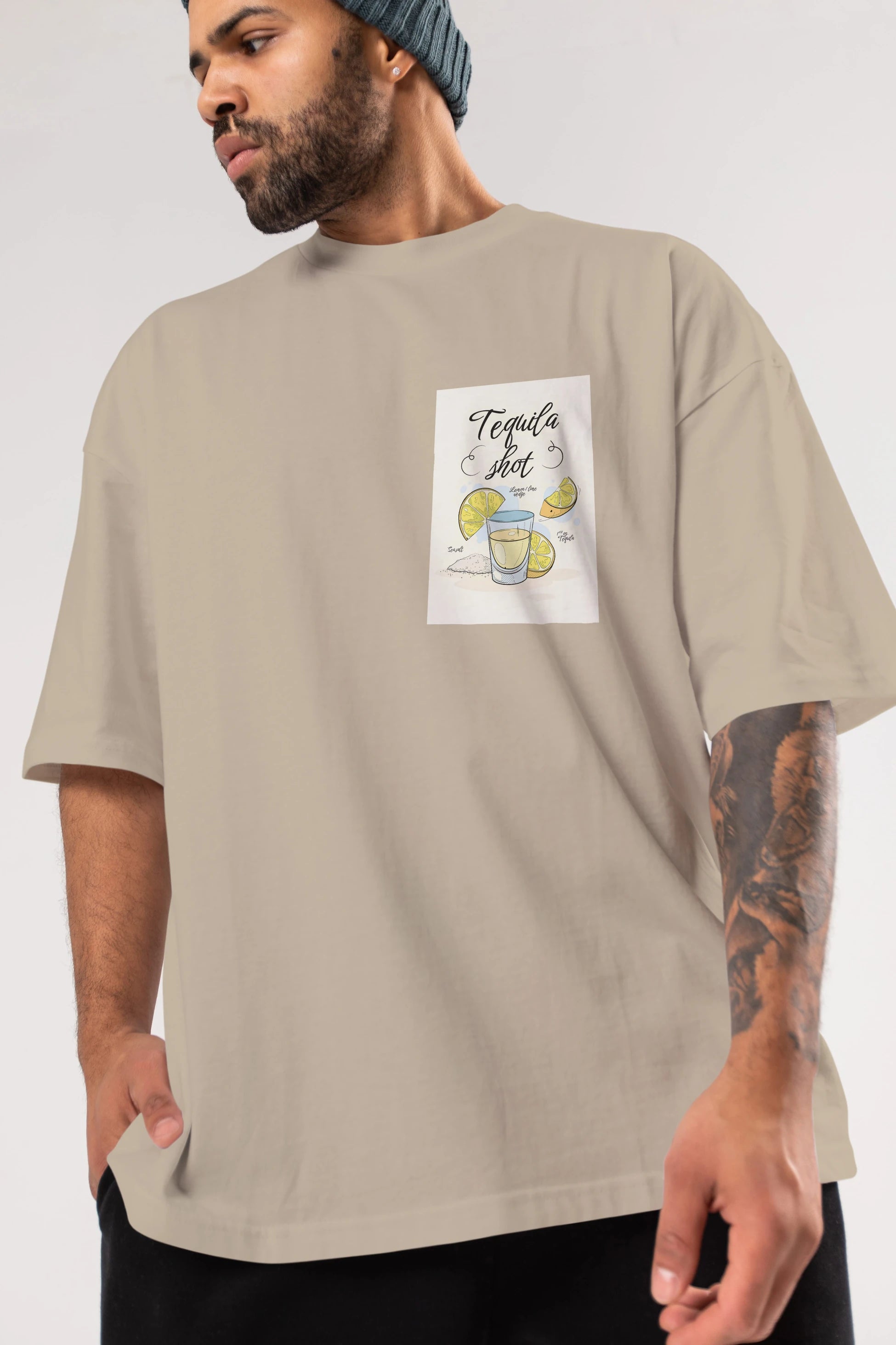 Tequila Shot Ön Sol Baskılı Oversize t-shirt Erkek Kadın Unisex %100 Pamuk Bisiklet Yaka tişort