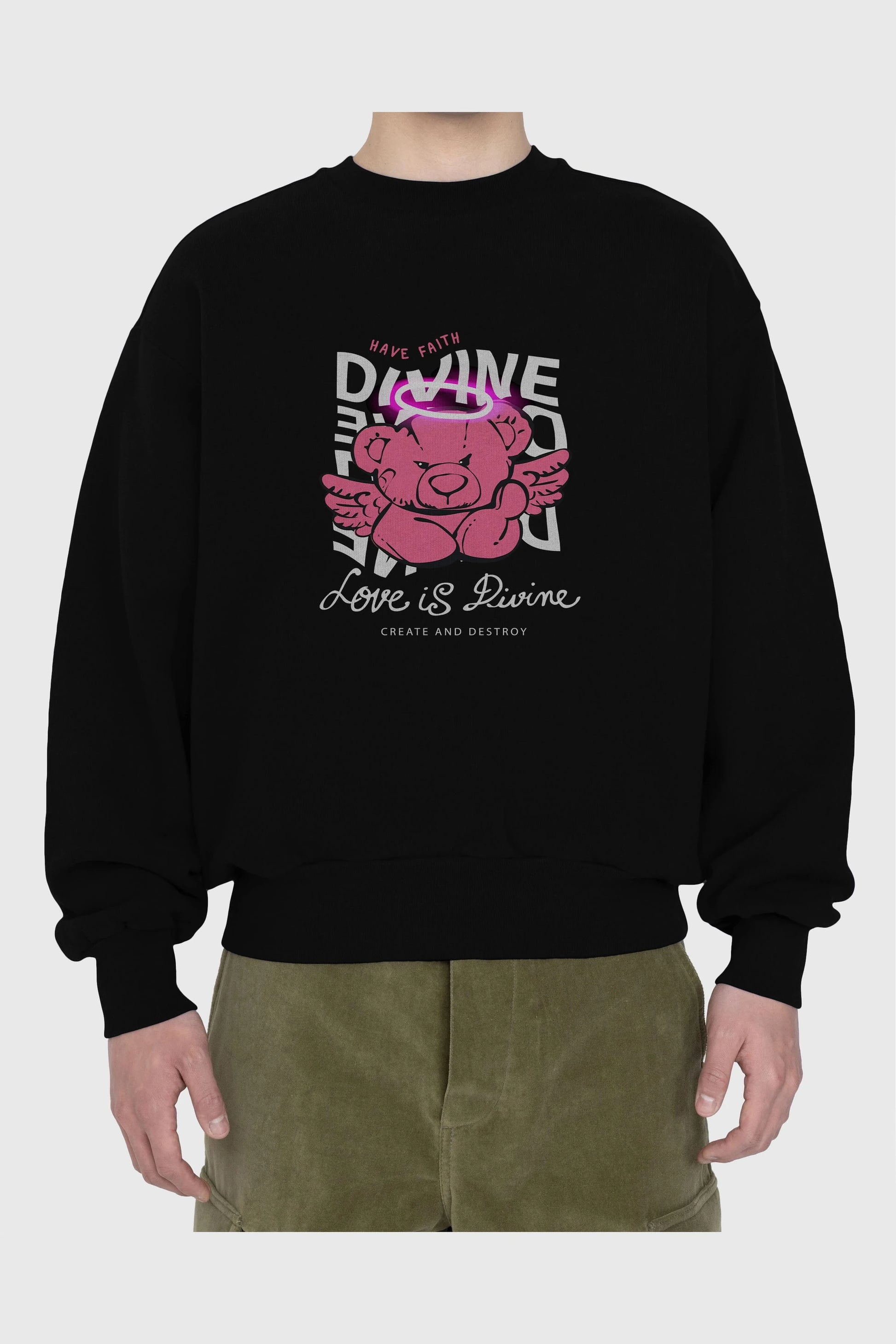 Love is Divine Bear Ön Baskılı Oversize Sweatshirt Erkek Kadın Unisex