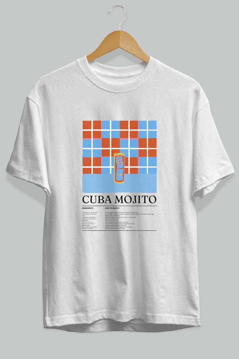 Cuba Mojito Kokteyl Ön Baskılı Oversize t-shirt Erkek Kadın %100 Pamuk Bisiklet Yaka tişort