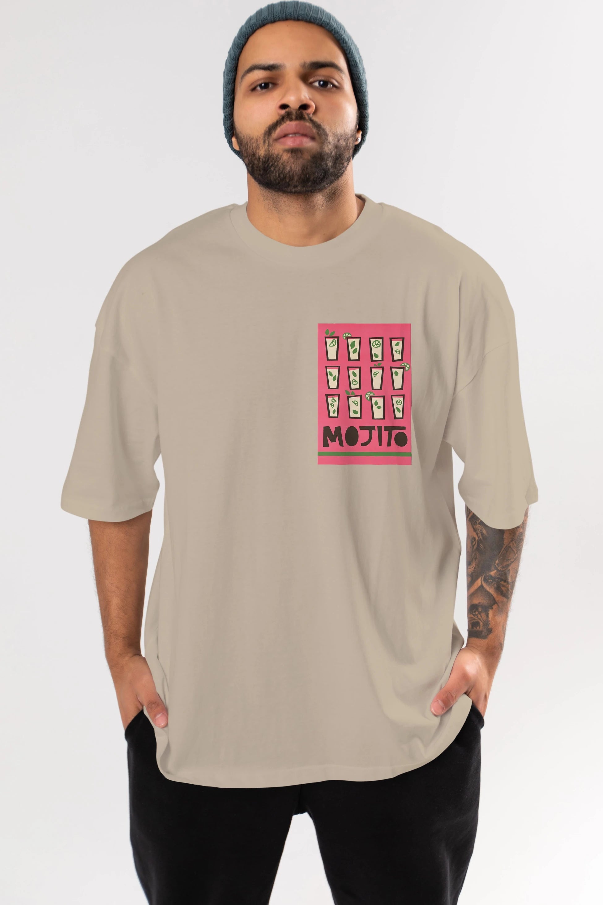 Mojito Ön Sol Baskılı Oversize t-shirt Erkek Kadın Unisex %100 Pamuk Bisiklet Yaka tişort