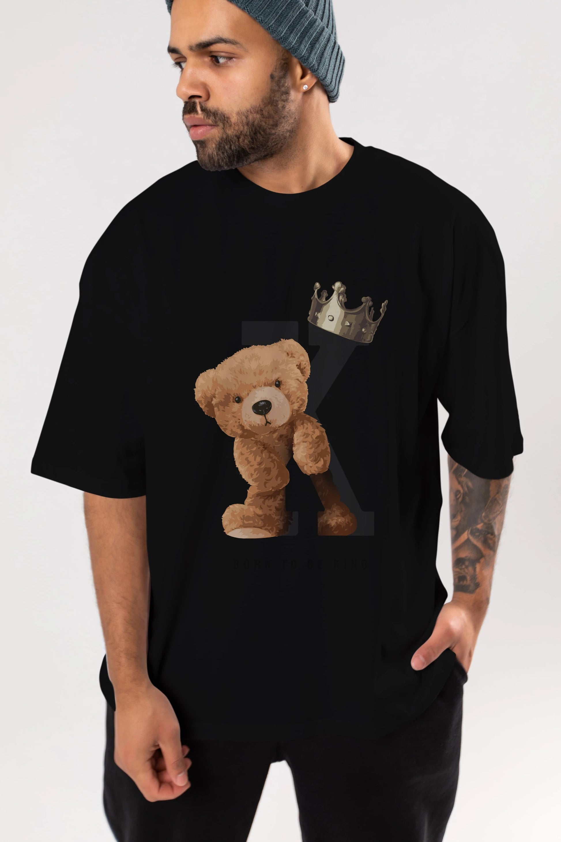 Teddy Bear Born To Be King Ön Baskılı Oversize t-shirt Erkek Kadın Unisex %100 Pamuk