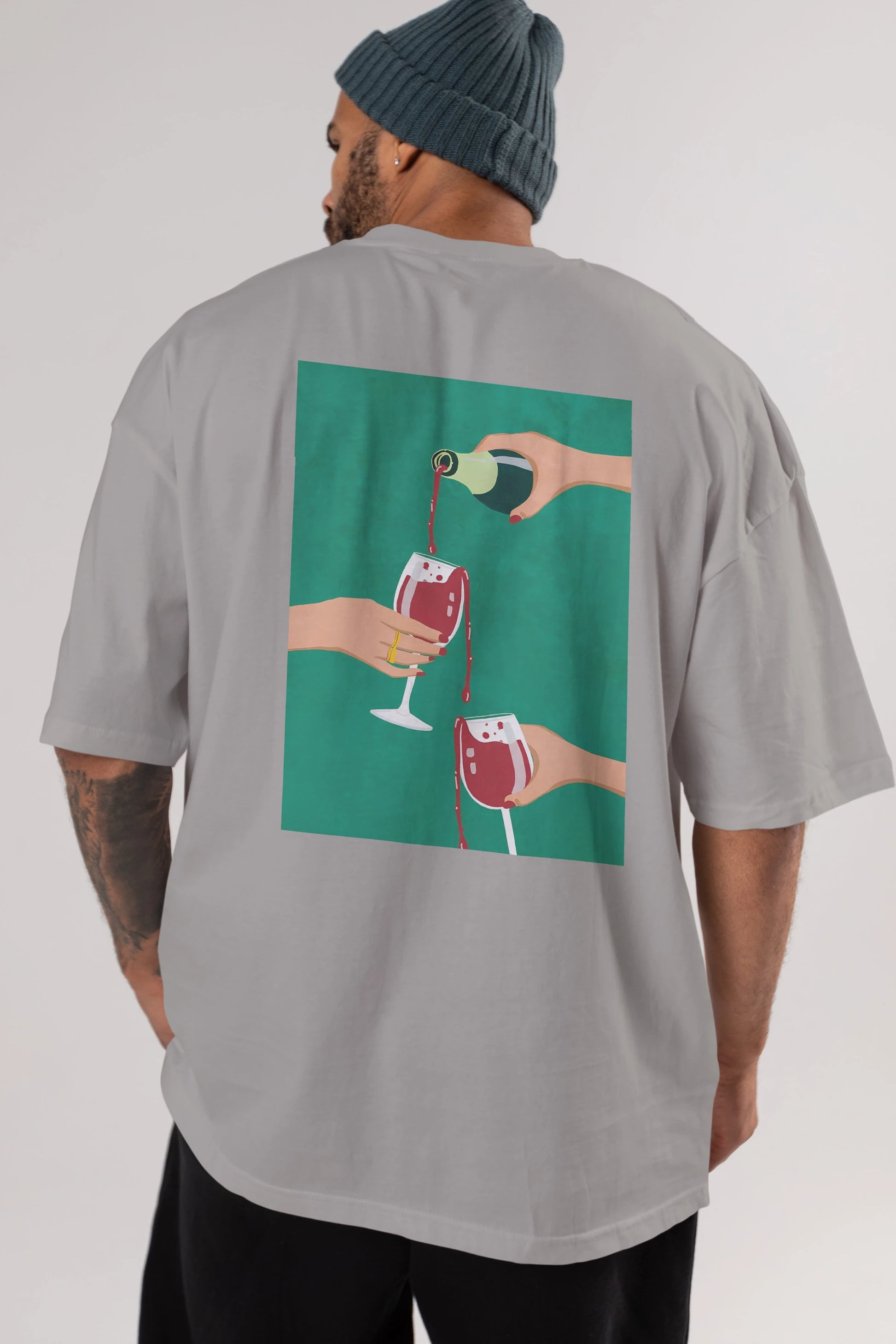 Wine 2 Arka Baskılı Oversize t-shirt Erkek Kadın Unisex %100 Pamuk Bisiklet Yaka tişort