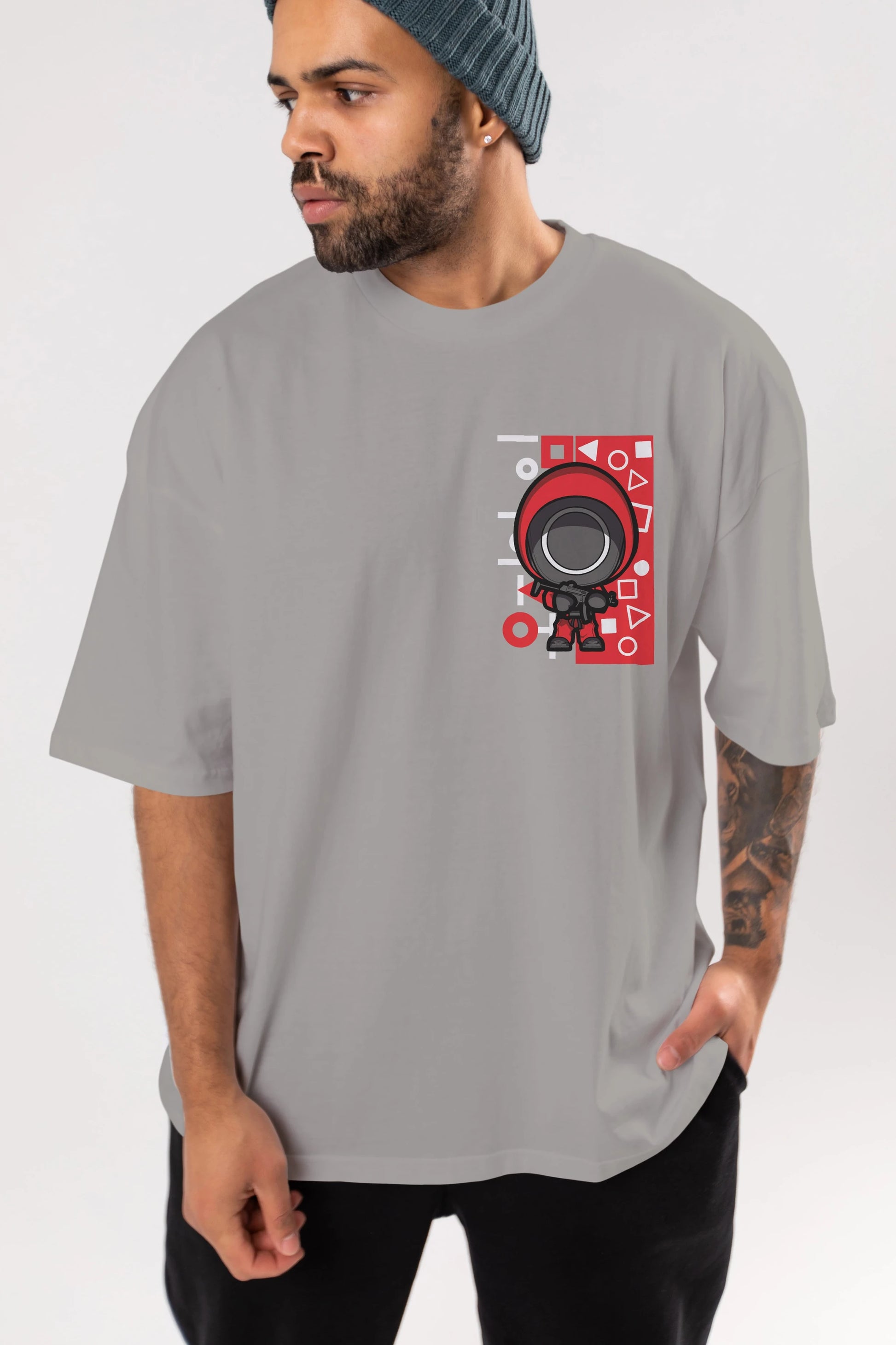Squid Game (4) Ön Sol Baskılı Oversize t-shirt Erkek Kadın Unisex %100 Pamuk Bisiklet Yaka tişort