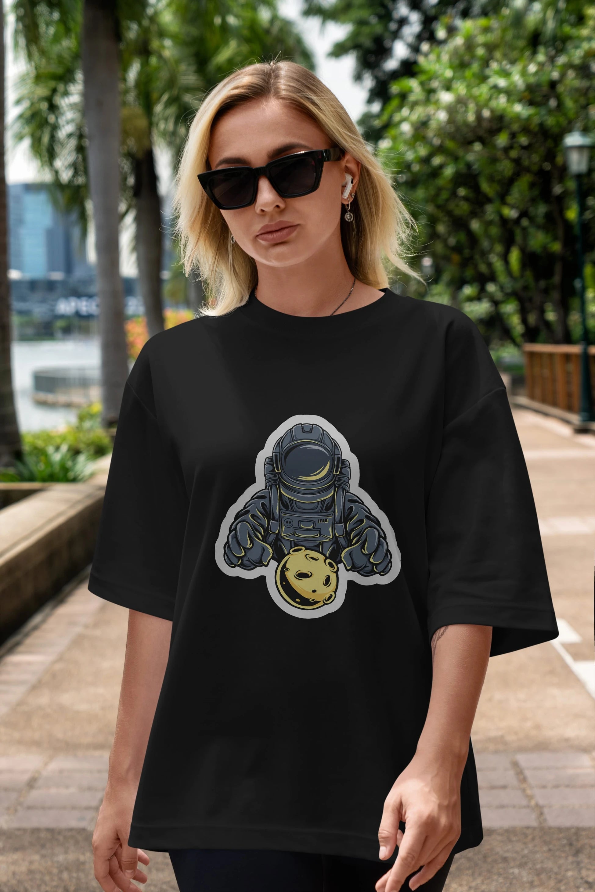 Astromoon sticker Ön Baskılı Oversize t-shirt Erkek Kadın Unisex