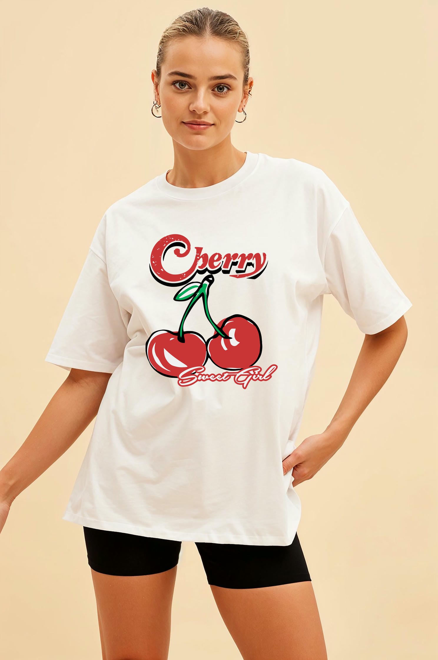 Cherry Cherries 8 Ön Baskılı Oversize t-shirt Erkek Kadın Pamuk Bisiklet Yaka tişort