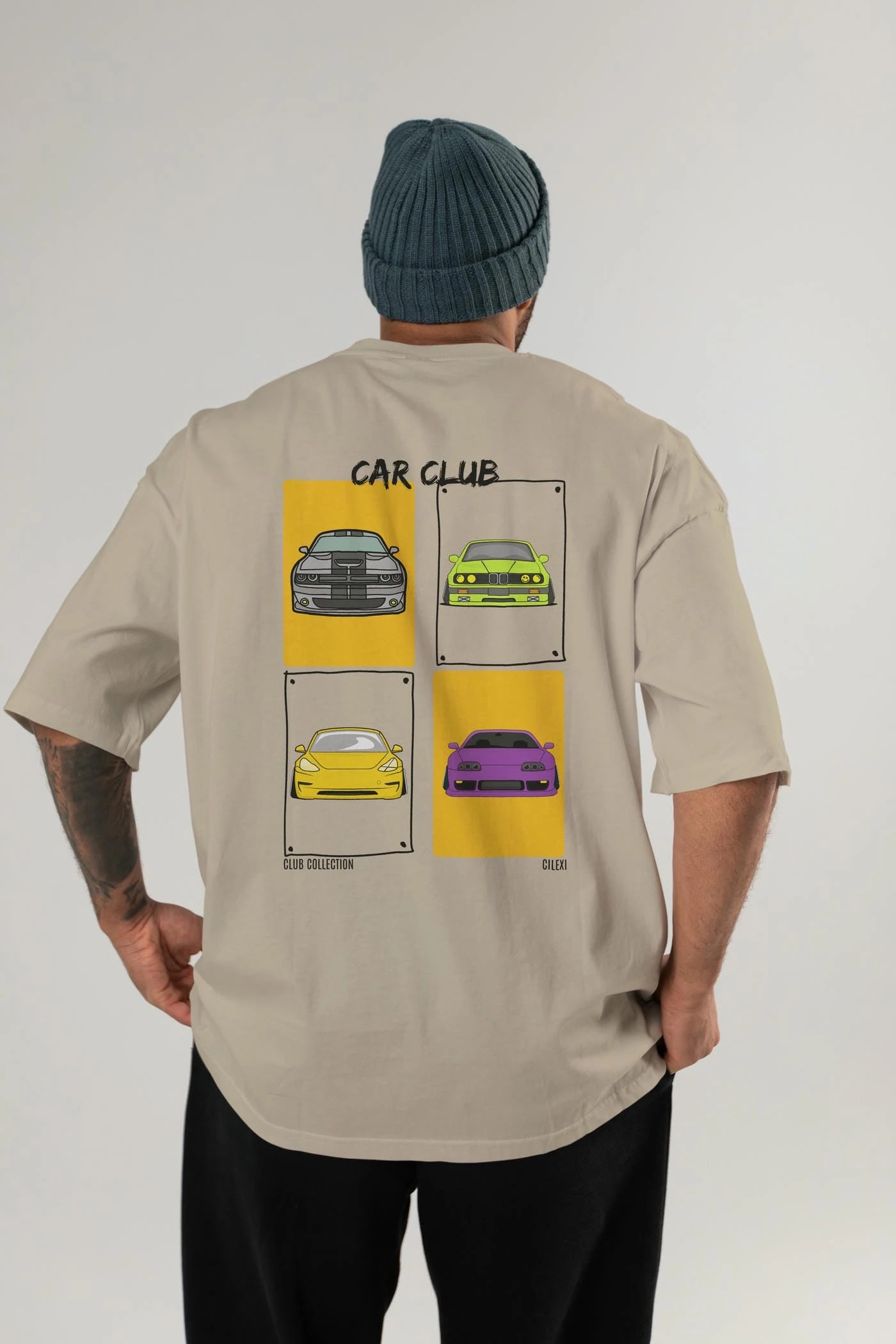 Car Club Arka Baskılı Oversize t-shirt Erkek Kadın %100 Pamuk Bisiklet Yaka tişort