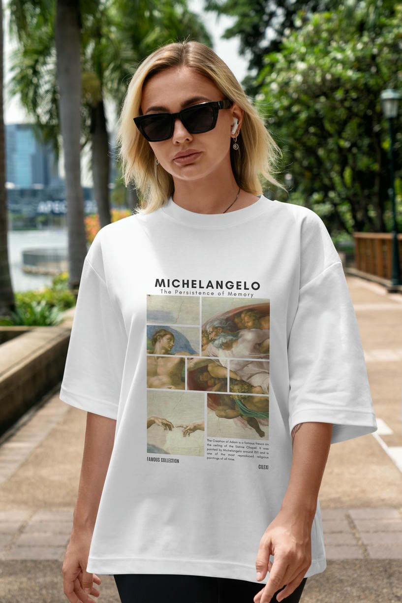 Michelangelo ön Baskılı Oversize t-shirt Erkek Kadın Bisiklet Yaka Pamuk tişort