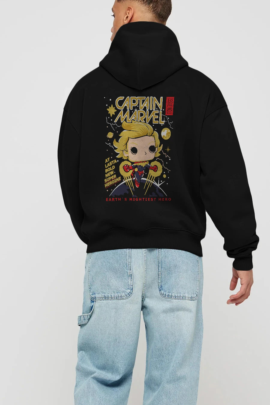 Captain Marvel Arka Baskılı Hoodie Oversize Kapüşonlu Sweatshirt Erkek Kadın Unisex