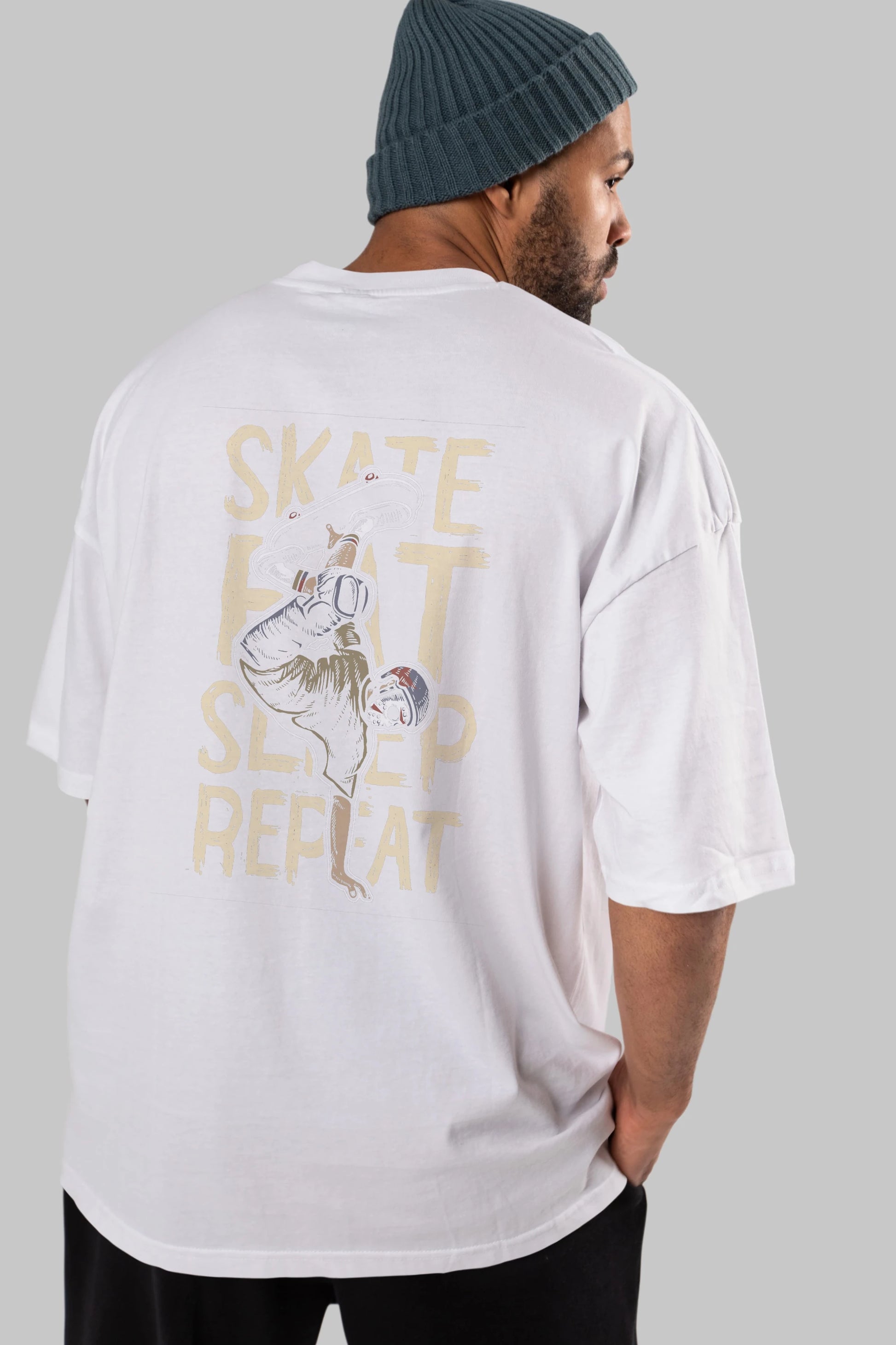 Skate Eat Sleep Repeat Arka Baskılı Oversize t-shirt Erkek Kadın Unisex %100 Pamuk