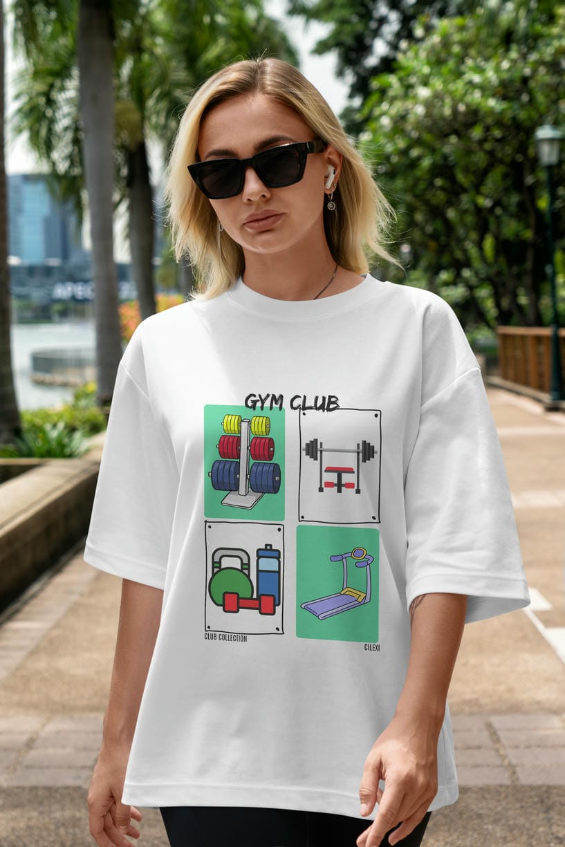 Gym Club ön Baskılı Oversize t-shirt Erkek Kadın %100 Pamuk Bisiklet Yaka tişort