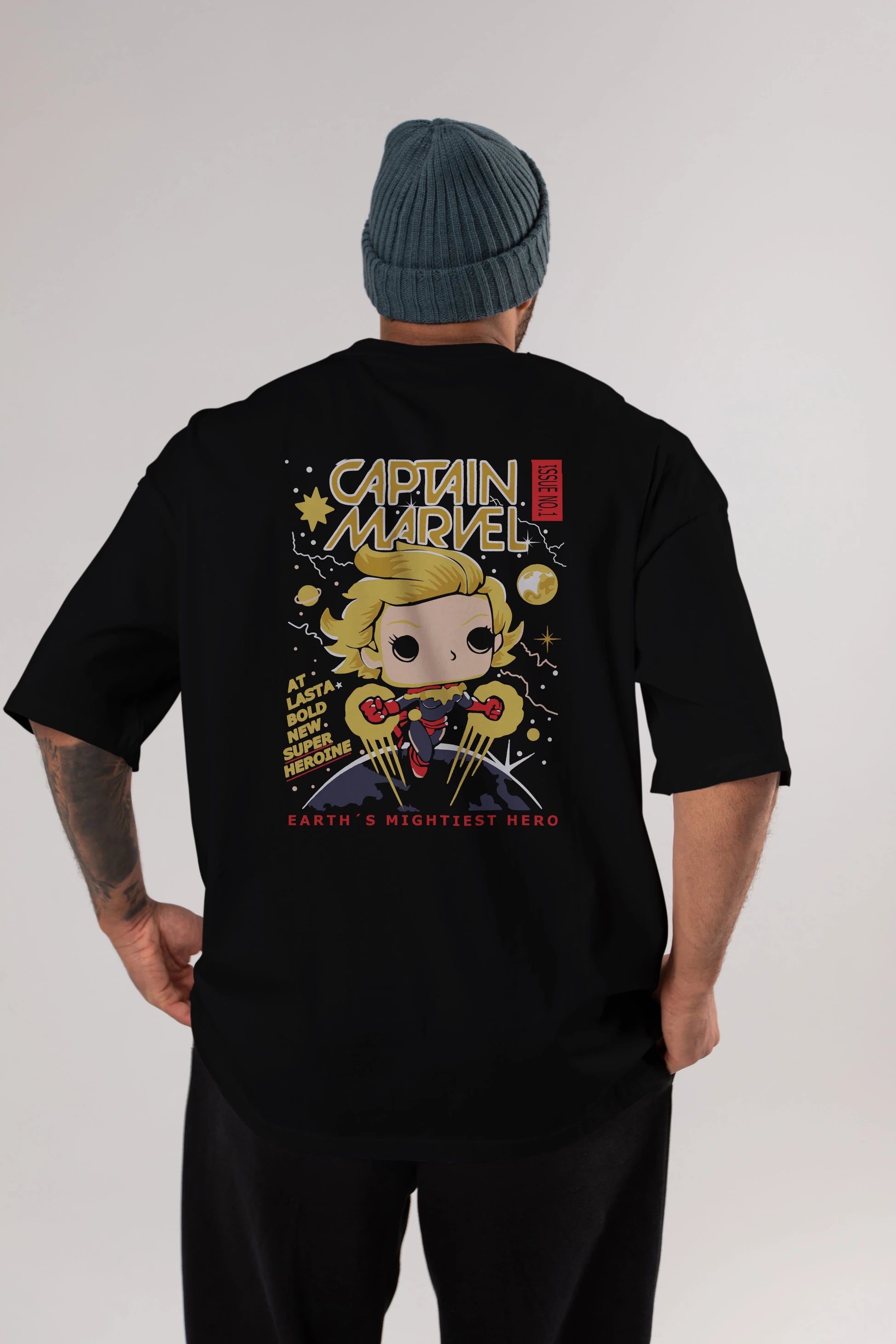 Captain Marvel Arka Baskılı Oversize t-shirt Erkek Kadın Unisex %100 Pamuk Bisiklet Yaka tişort