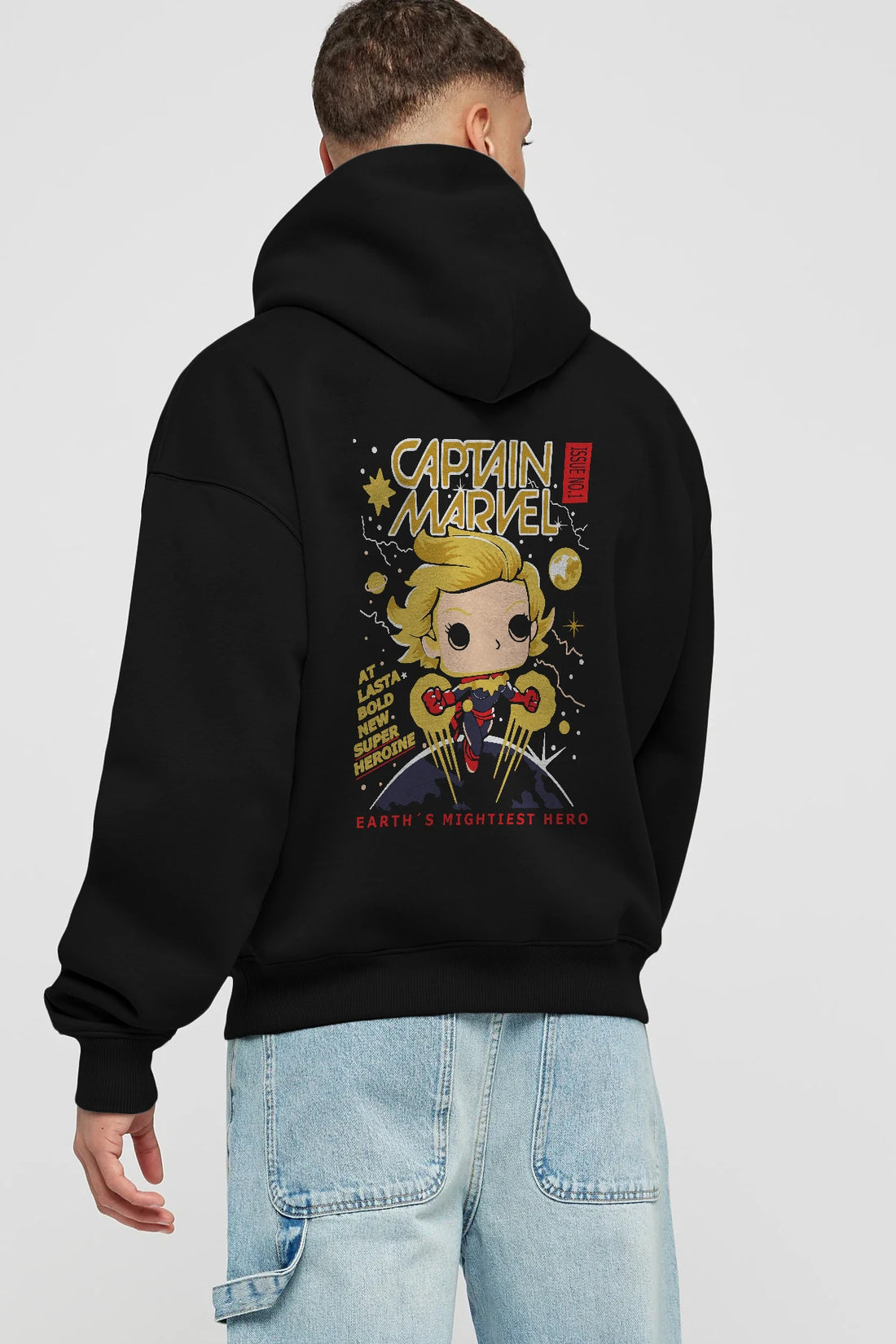 Captain Marvel Arka Baskılı Hoodie Oversize Kapüşonlu Sweatshirt Erkek Kadın Unisex