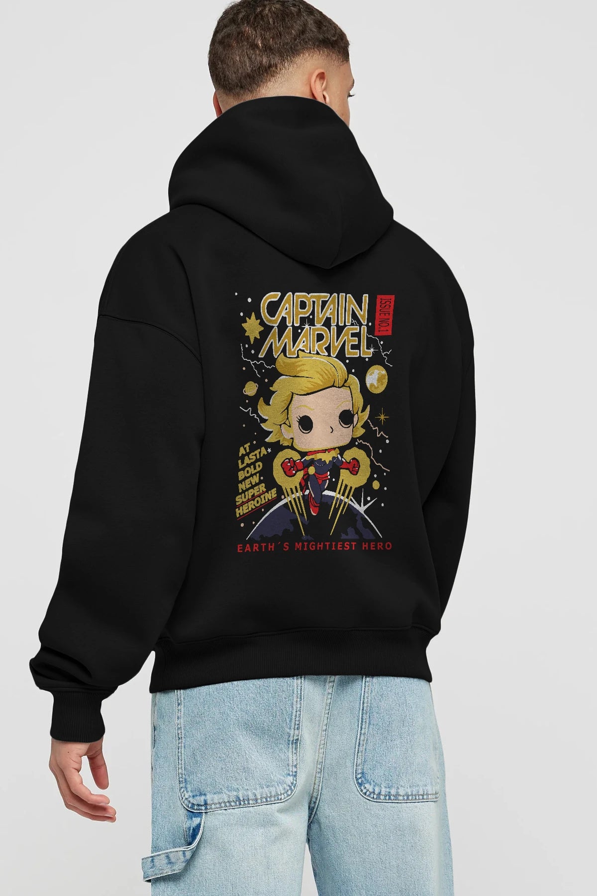 Captain Marvel Arka Baskılı Hoodie Oversize Kapüşonlu Sweatshirt Erkek Kadın Unisex