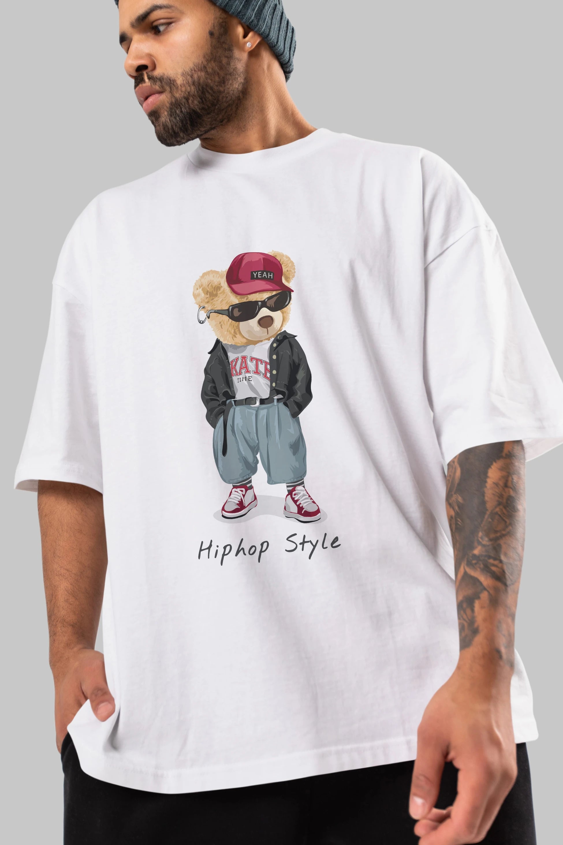 Teddy Bear Hiphop Style Ön Baskılı Oversize t-shirt Erkek Kadın Unisex %100 Pamuk