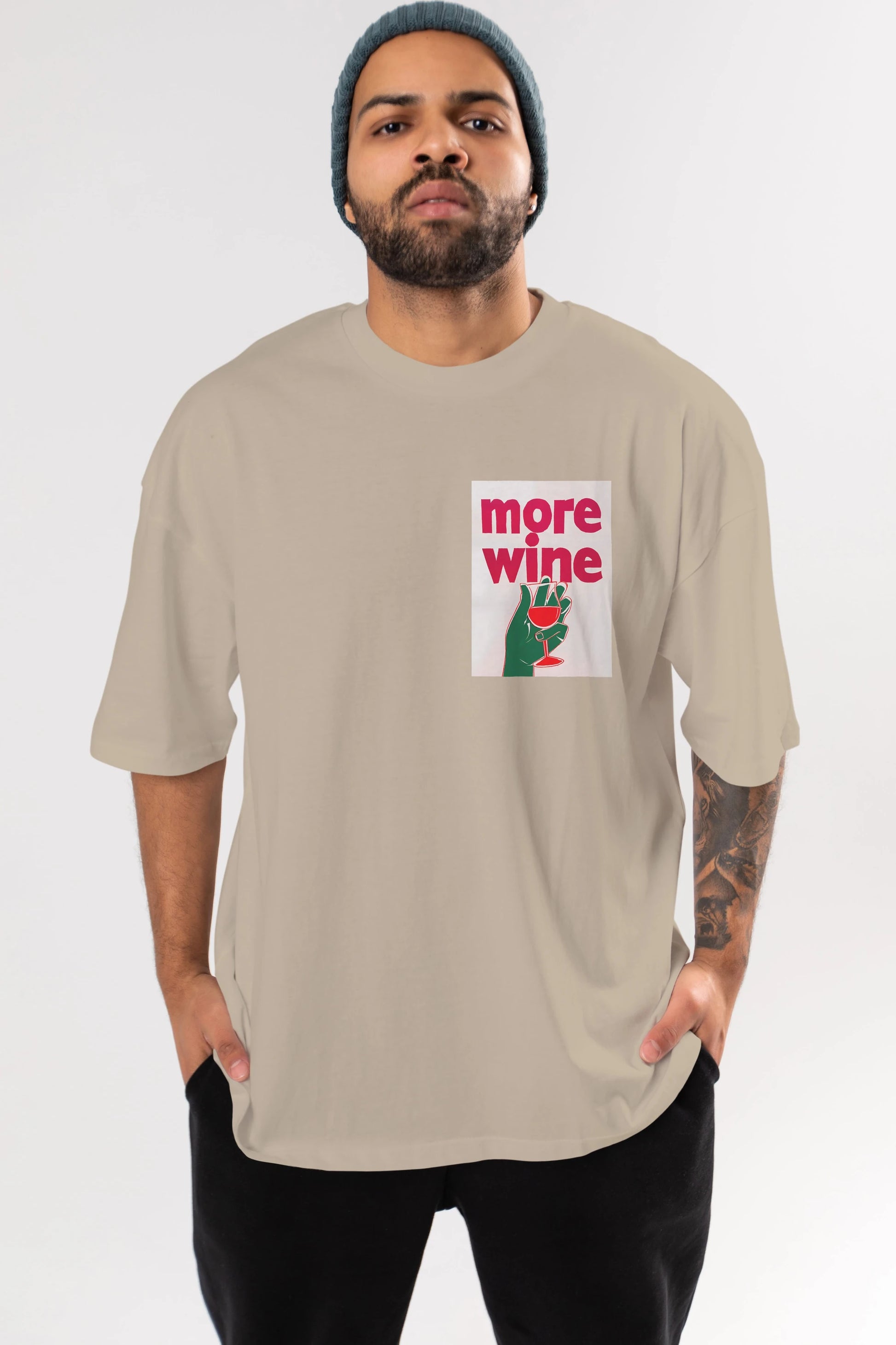 More Wine 3 Ön Sol Baskılı Oversize t-shirt Erkek Kadın Unisex %100 Pamuk Bisiklet Yaka tişort