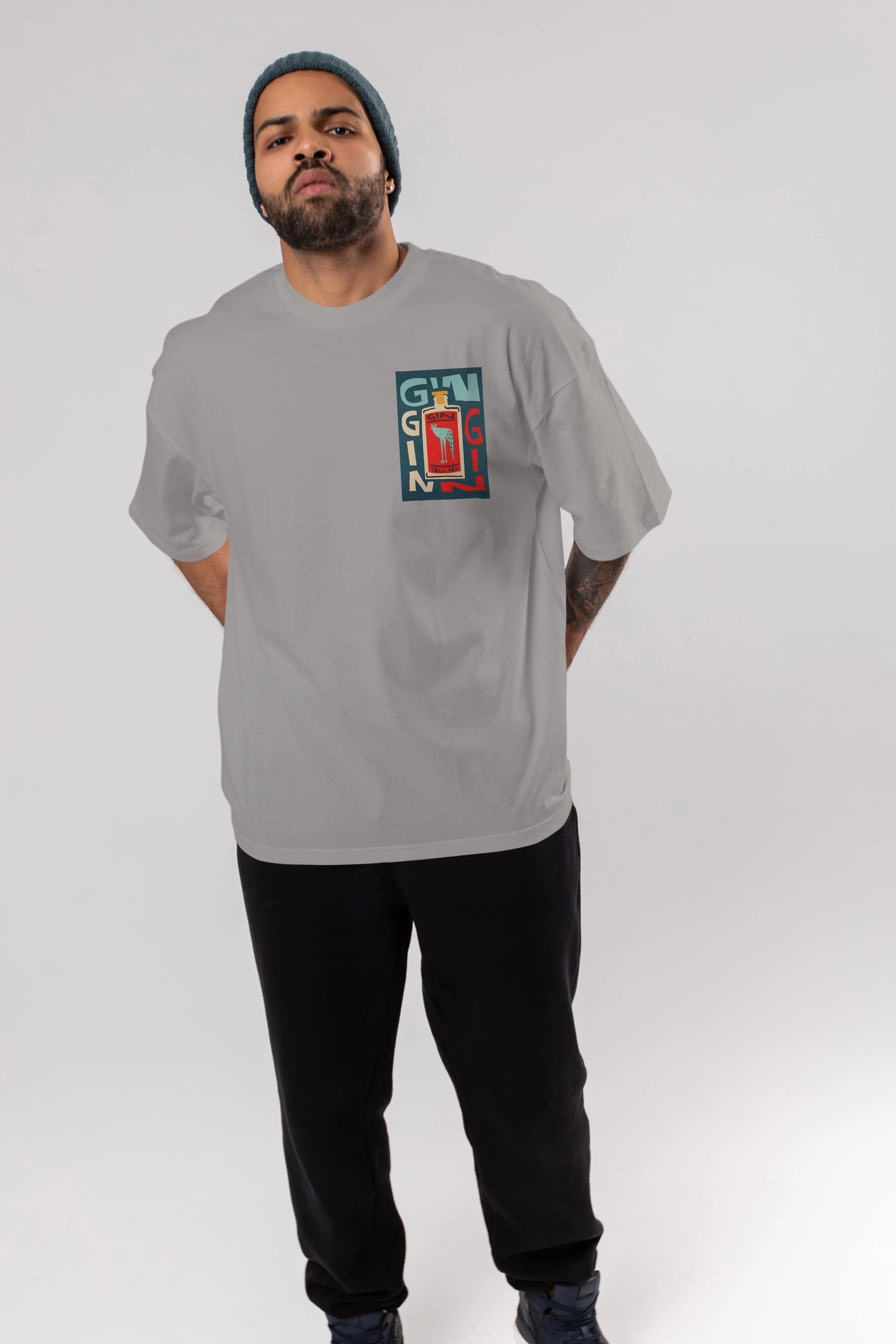 Gin 2 Ön Sol Baskılı Oversize t-shirt Erkek Kadın Unisex %100 Pamuk Bisiklet Yaka tişort