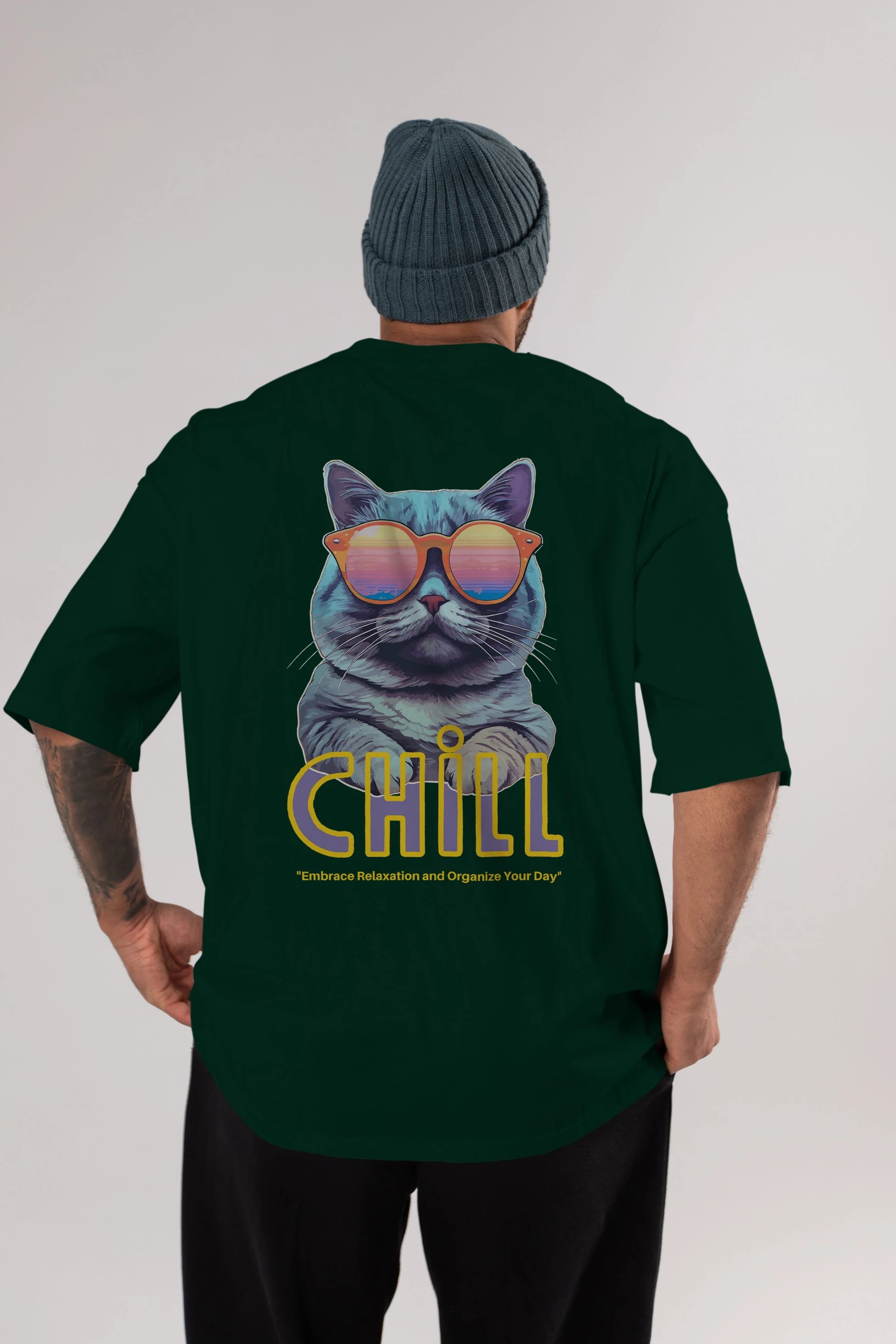 Chill Cat Arka Baskılı Oversize t-shirt Erkek Kadın Unisex