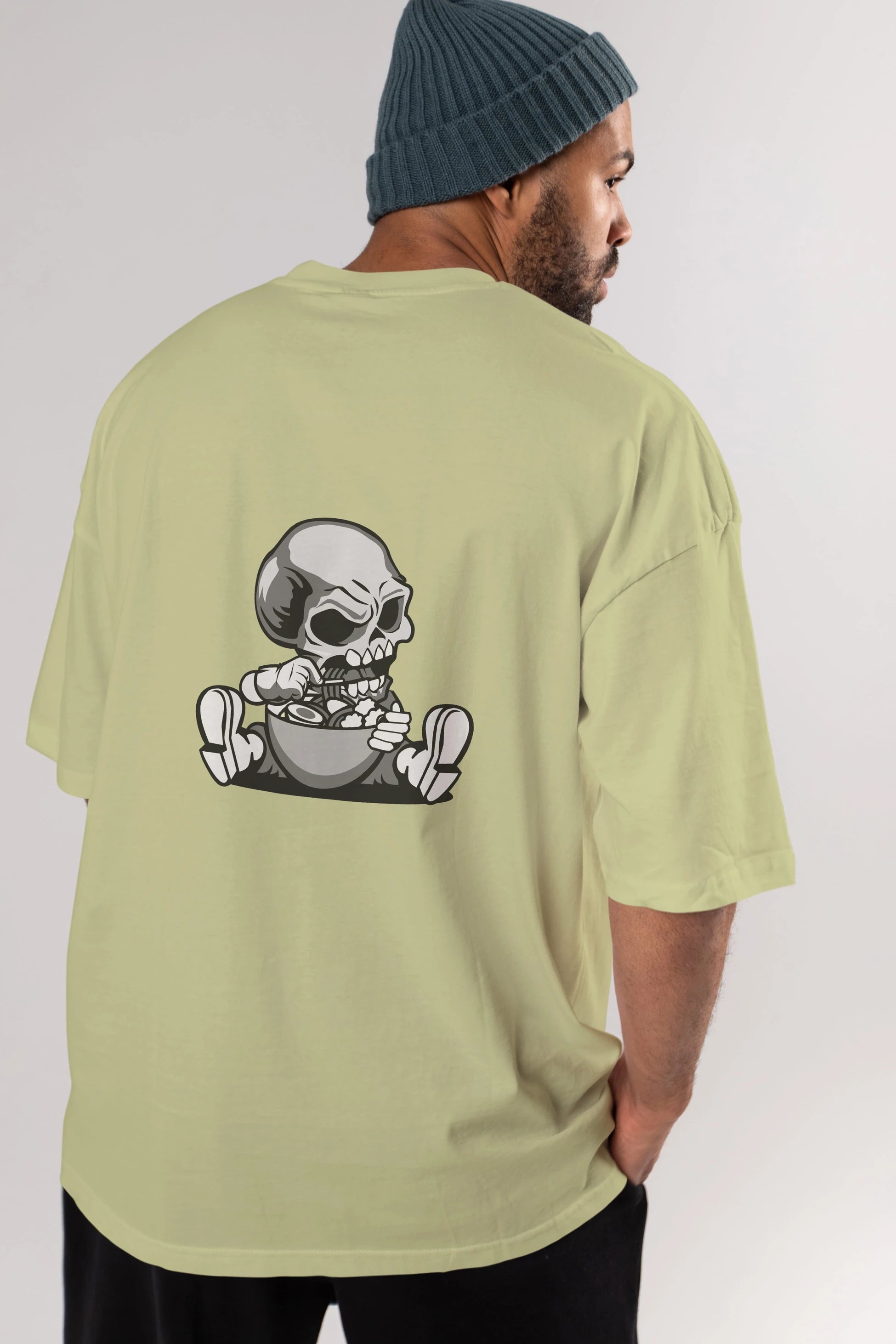 Skull Eat Ramen Arka Baskılı Oversize t-shirt Erkek Kadın Unisex %100 Pamuk tişort