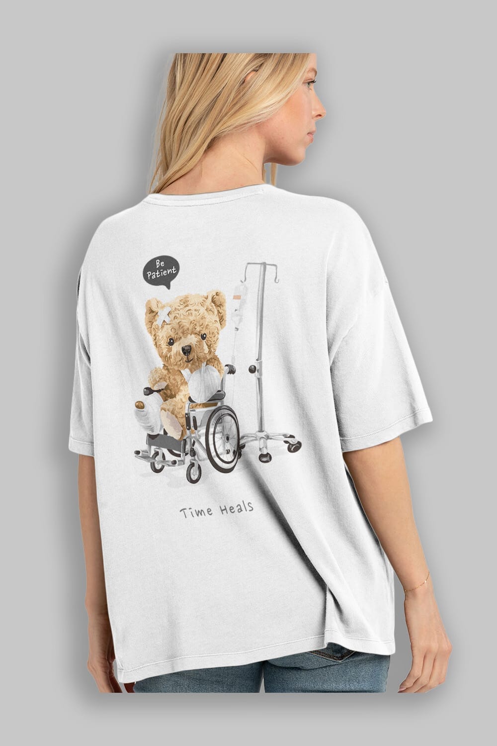 Teddy Bear Time Heals Arka Baskılı Oversize t-shirt Erkek Kadın Unisex %100 Pamuk