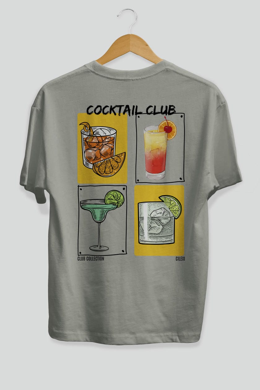 Cocktail Club Arka Baskılı Oversize t-shirt Erkek Kadın %100 Pamuk Bisiklet Yaka tişort