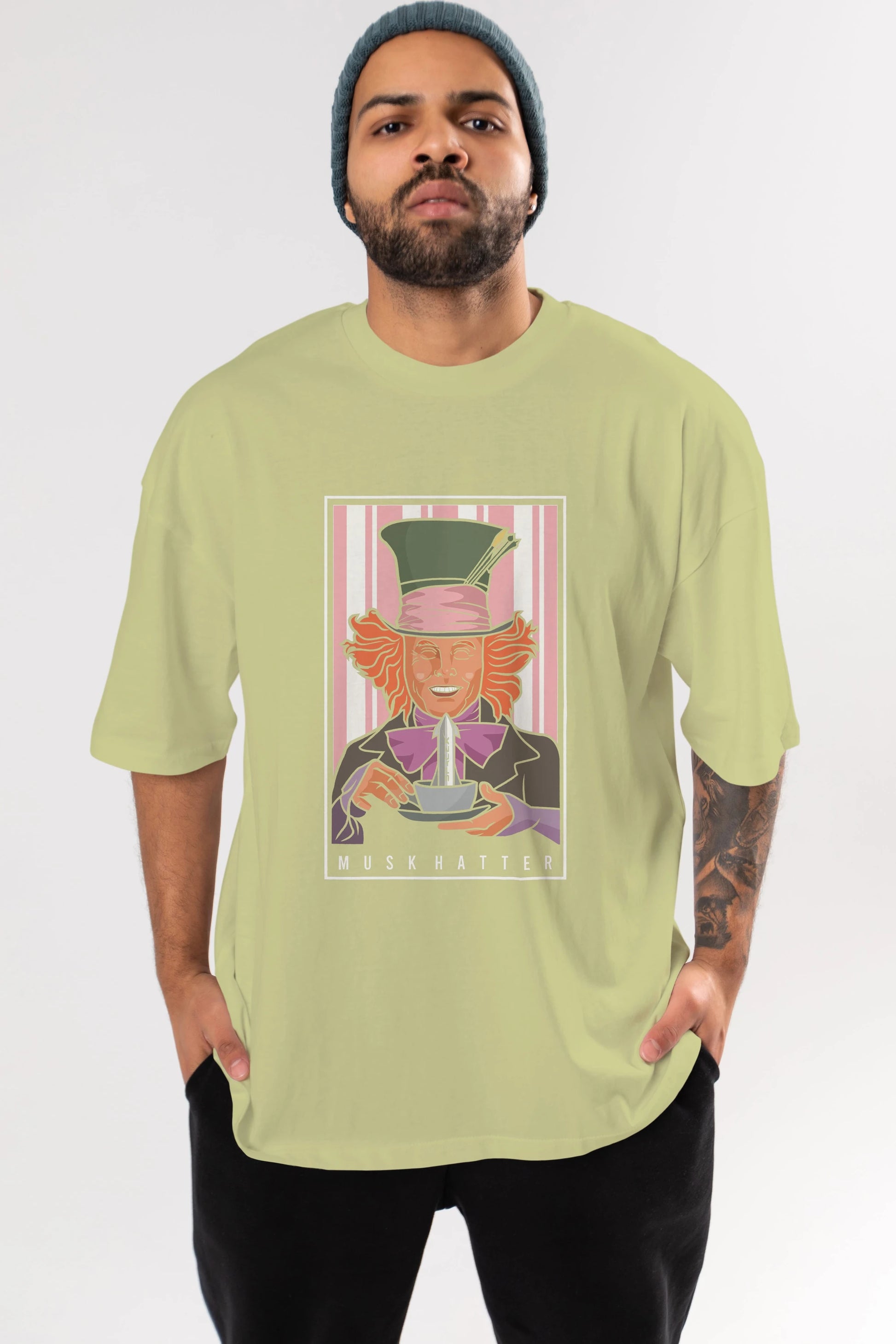 Mad Hatter Elon Musk Ön Baskılı Oversize t-shirt Erkek Kadın Unisex %100 Pamuk tişort