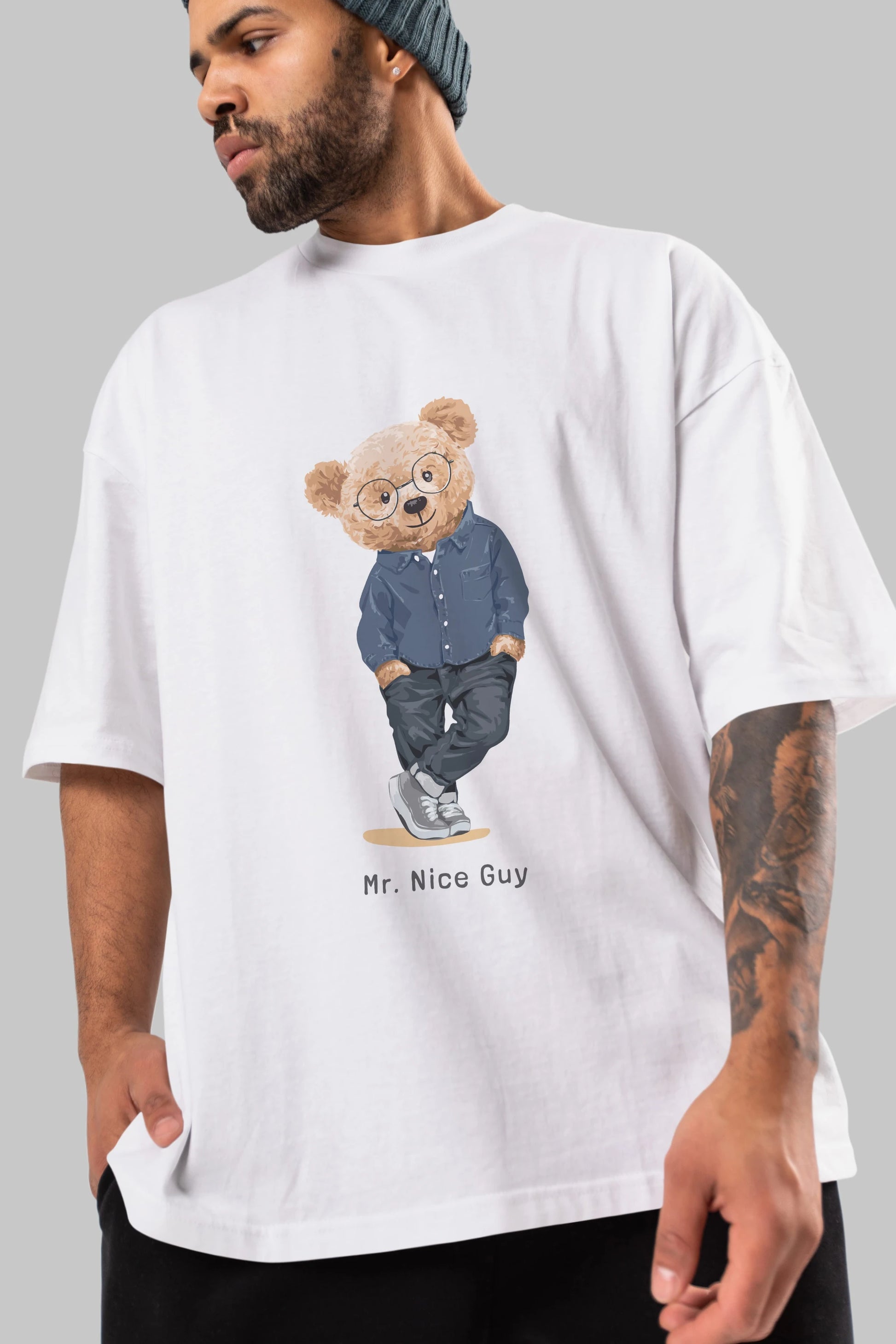 Teddy Bear Mr. Nice Guy Ön Baskılı Oversize t-shirt Erkek Kadın Unisex %100 Pamuk