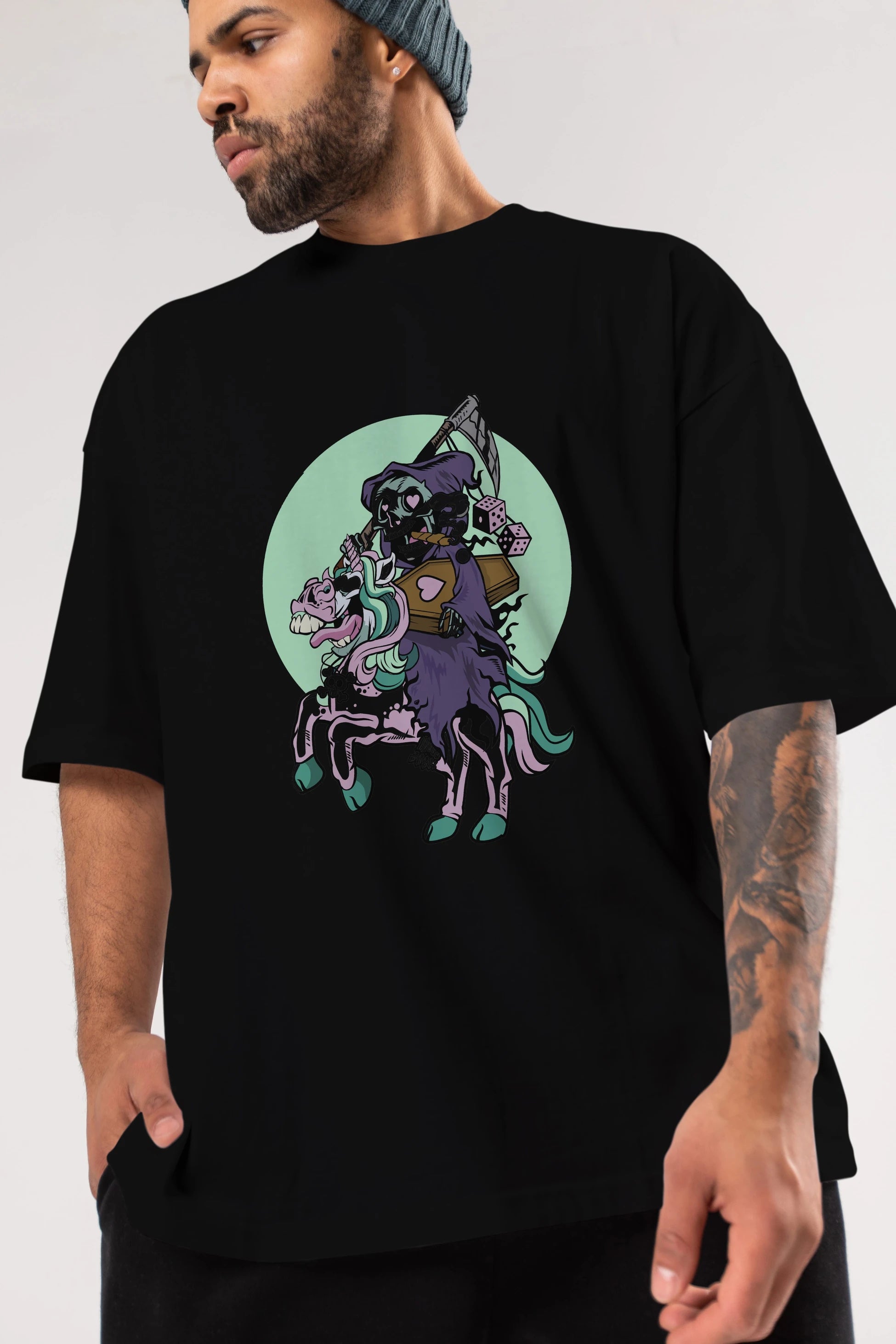 Grim Reaper Riding Unicorn Ön Baskılı Oversize t-shirt Erkek Kadın Unisex %100 Pamuk tişort