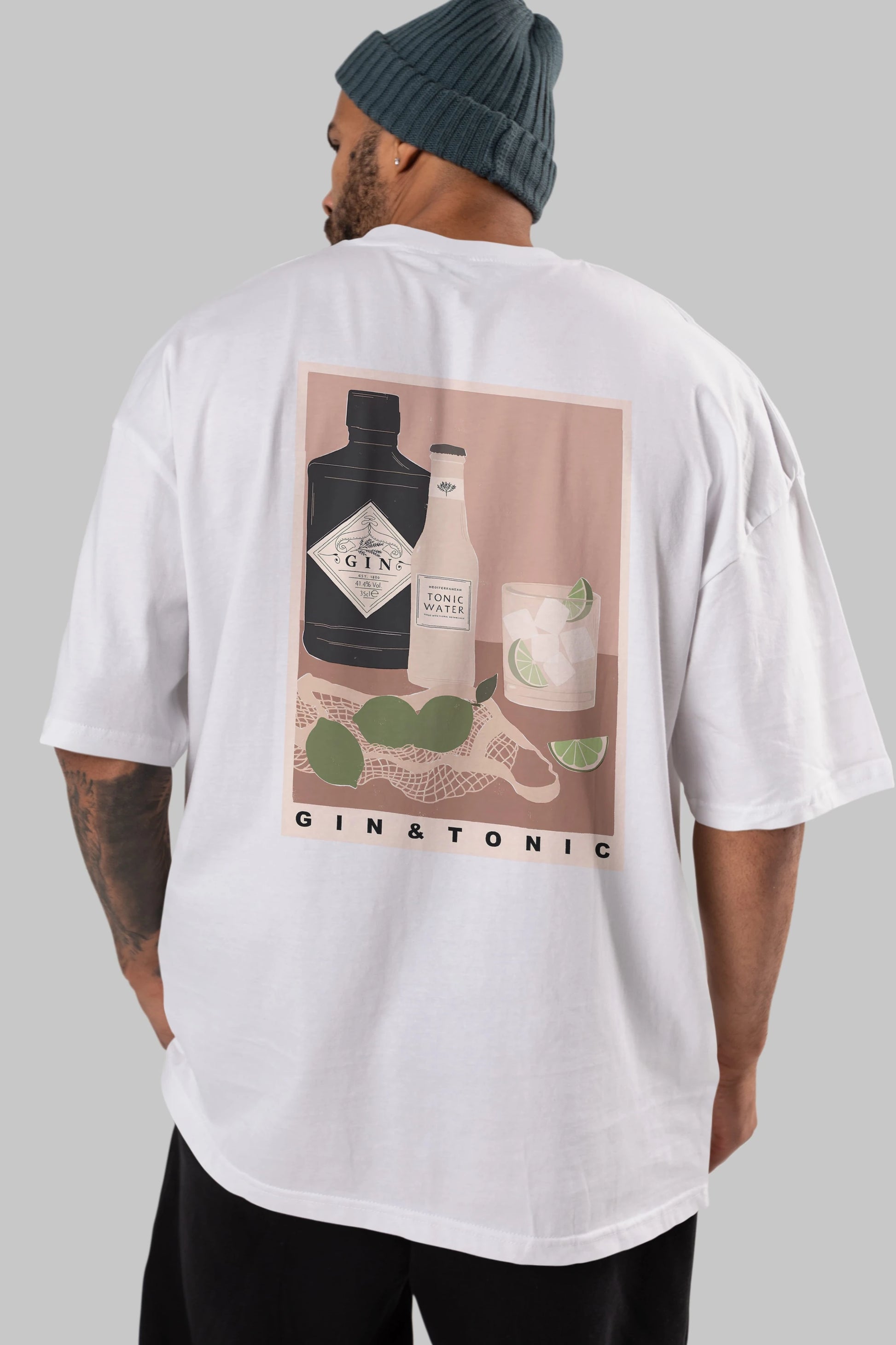 Gin Tonic Arka Baskılı Oversize t-shirt Erkek Kadın Unisex %100 Pamuk Bisiklet Yaka tişort