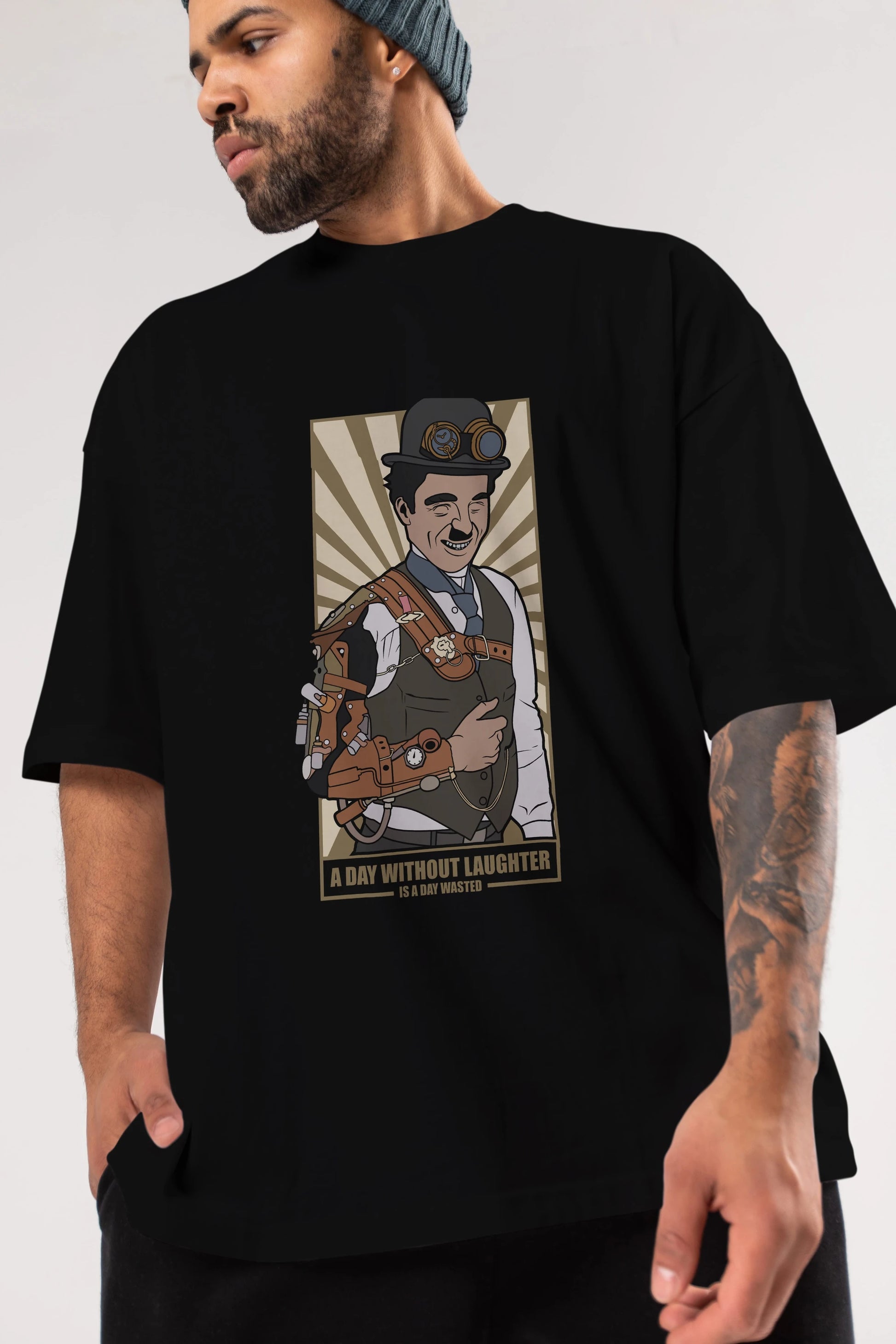 Steampunk Chaplin Ön Baskılı Oversize t-shirt Erkek Kadın Unisex %100 Pamuk tişort