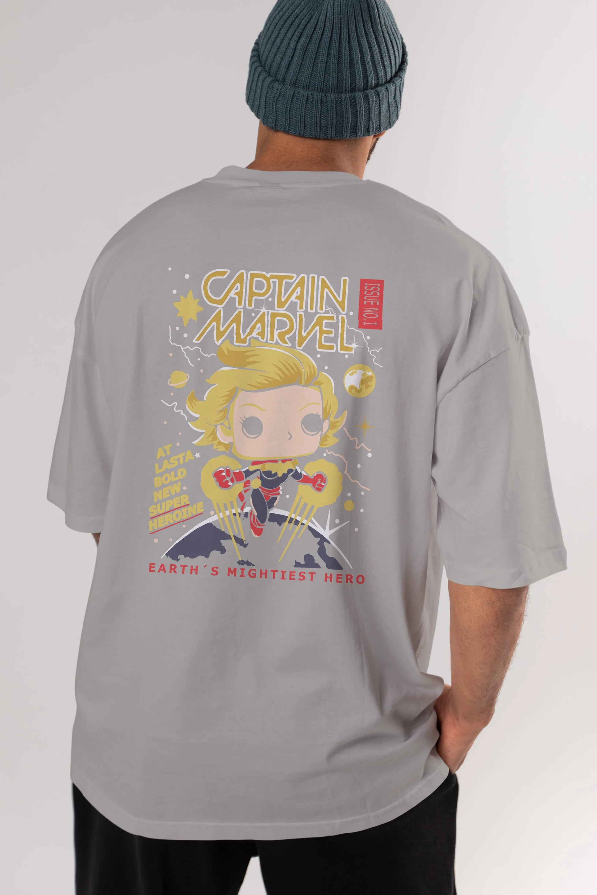 Captain Marvel Arka Baskılı Oversize t-shirt Erkek Kadın Unisex %100 Pamuk Bisiklet Yaka tişort