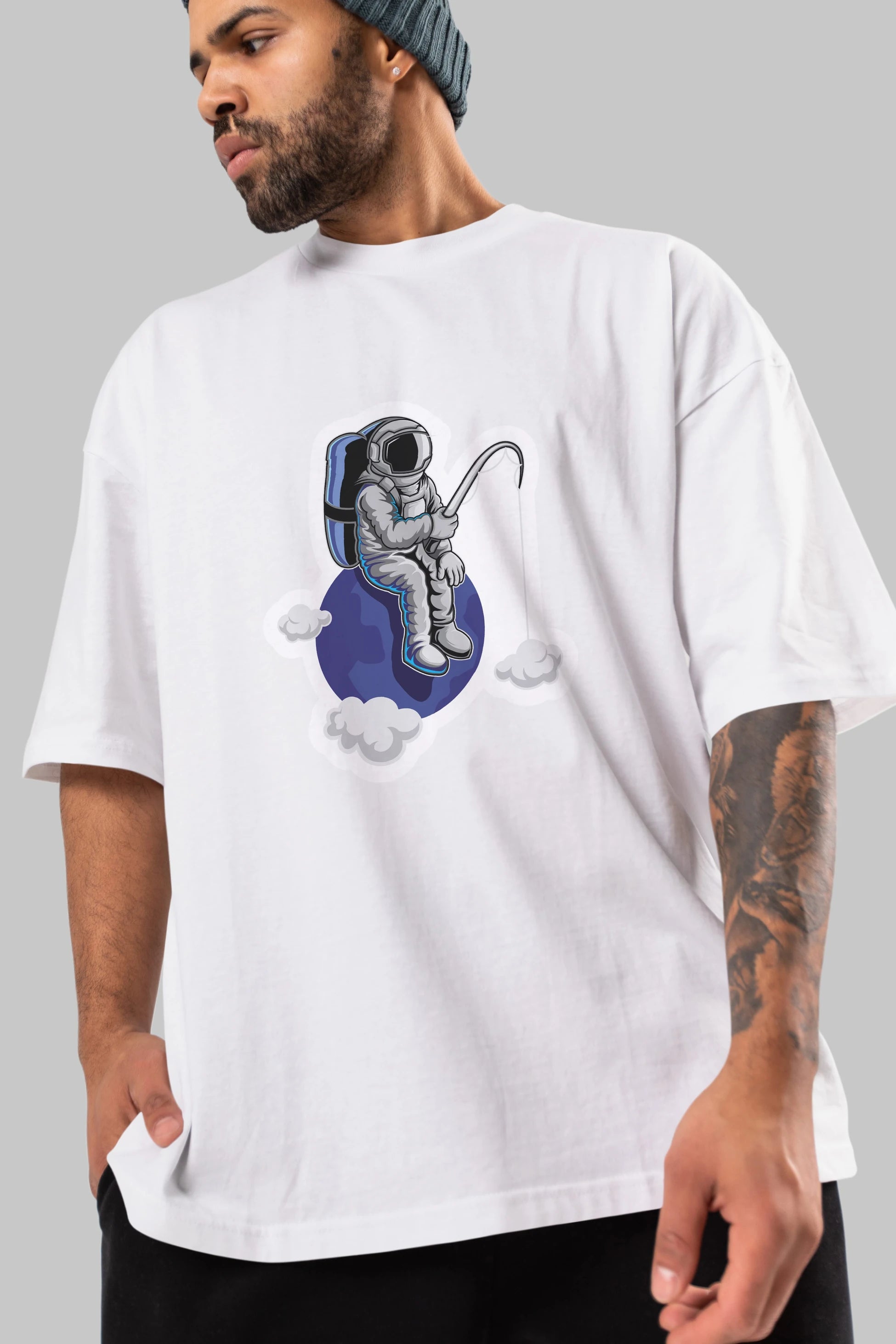 Astronaut Fishing Sticker Ön Baskılı Oversize t-shirt Erkek Kadın Unisex