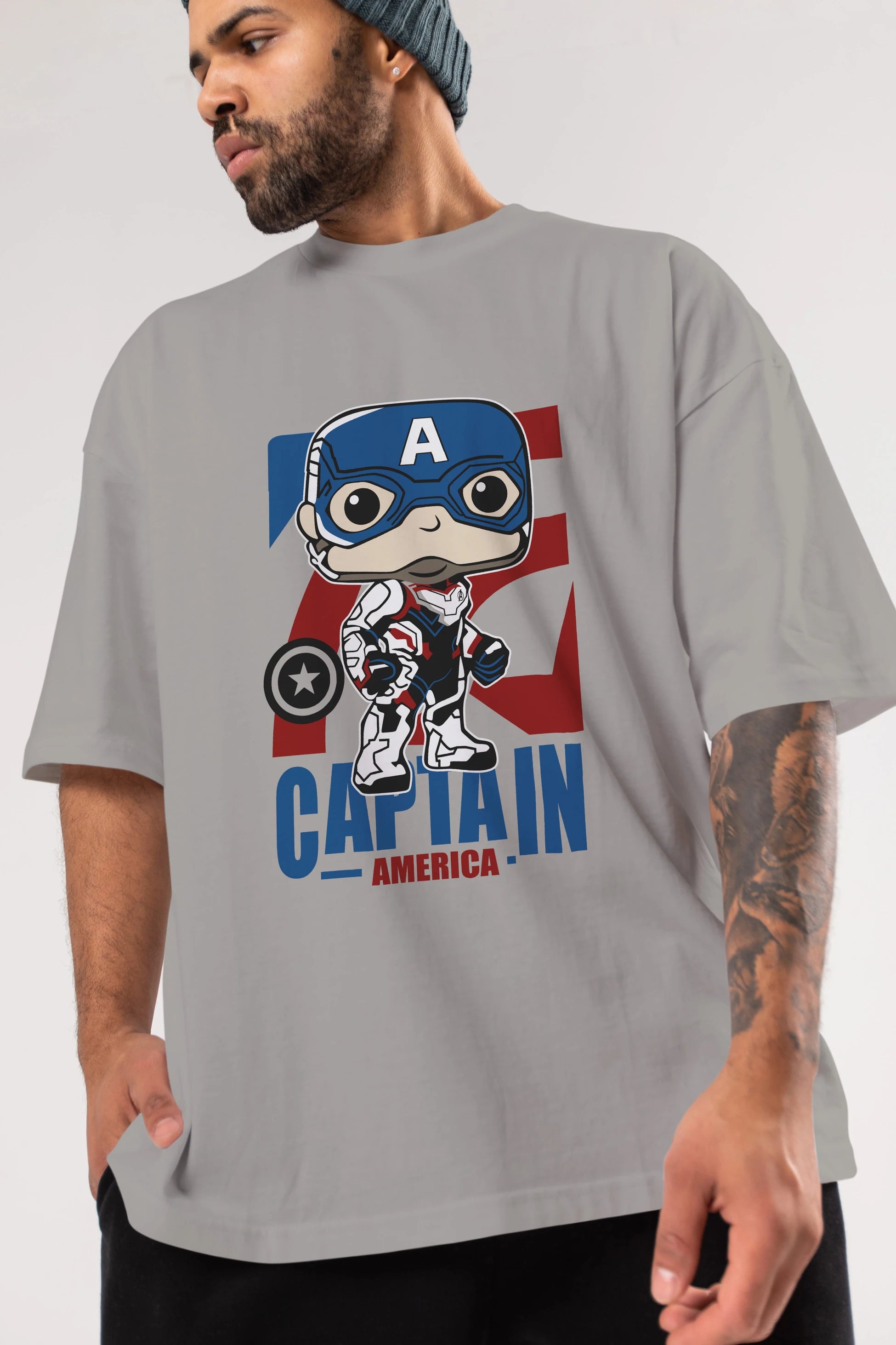 Captain America Ön Baskılı Oversize t-shirt Erkek Kadın Unisex %100 Pamuk Bisiklet Yaka tişort