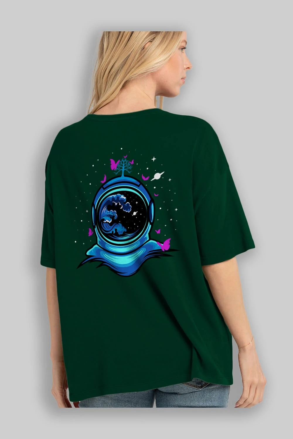 Astronaut and Butterfly Arka Baskılı Oversize t-shirt Erkek Kadın Unisex