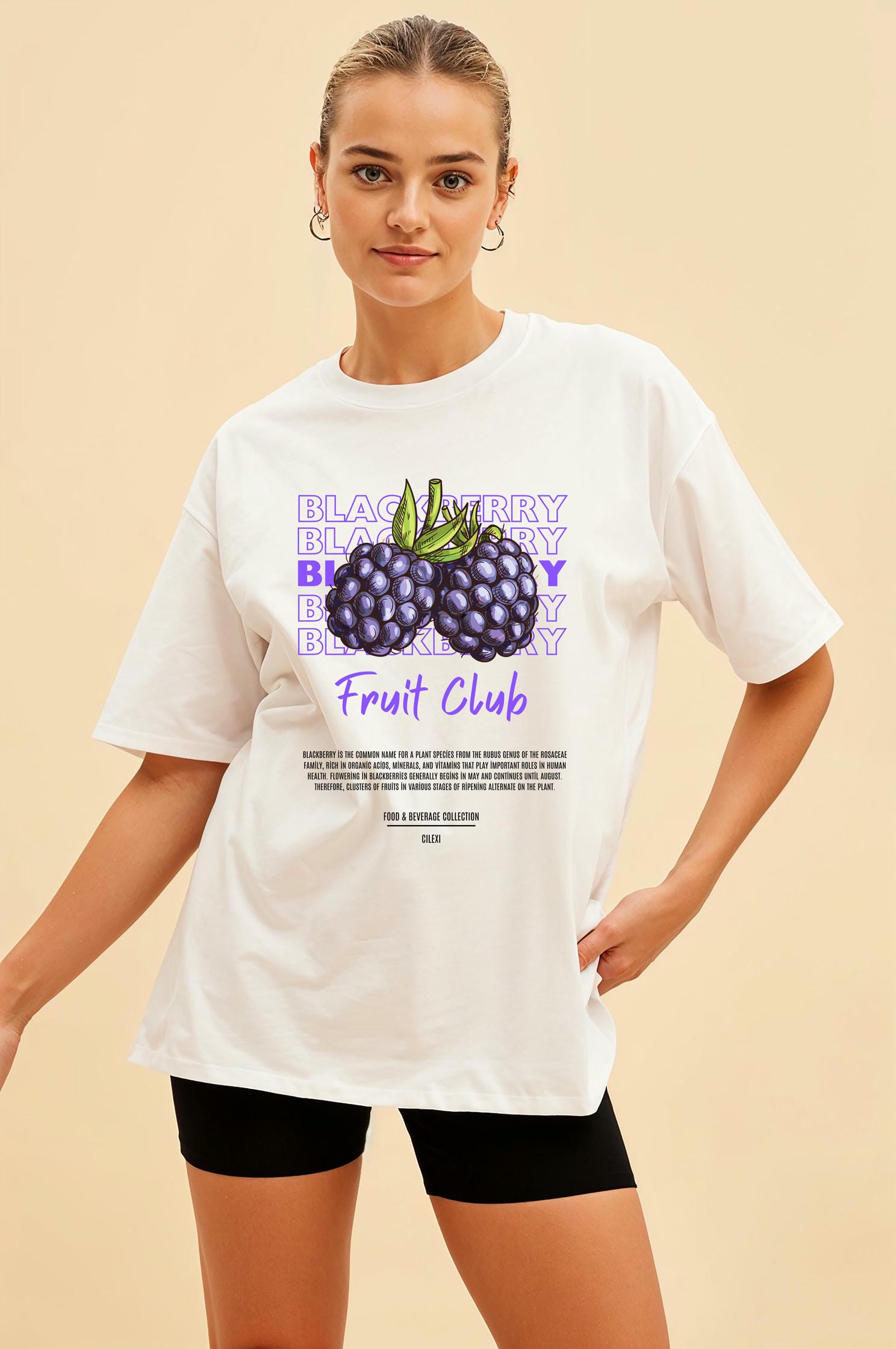 Blackberry Ön Baskılı Oversize t-shirt Erkek Kadın Pamuk Bisiklet Yaka tişort